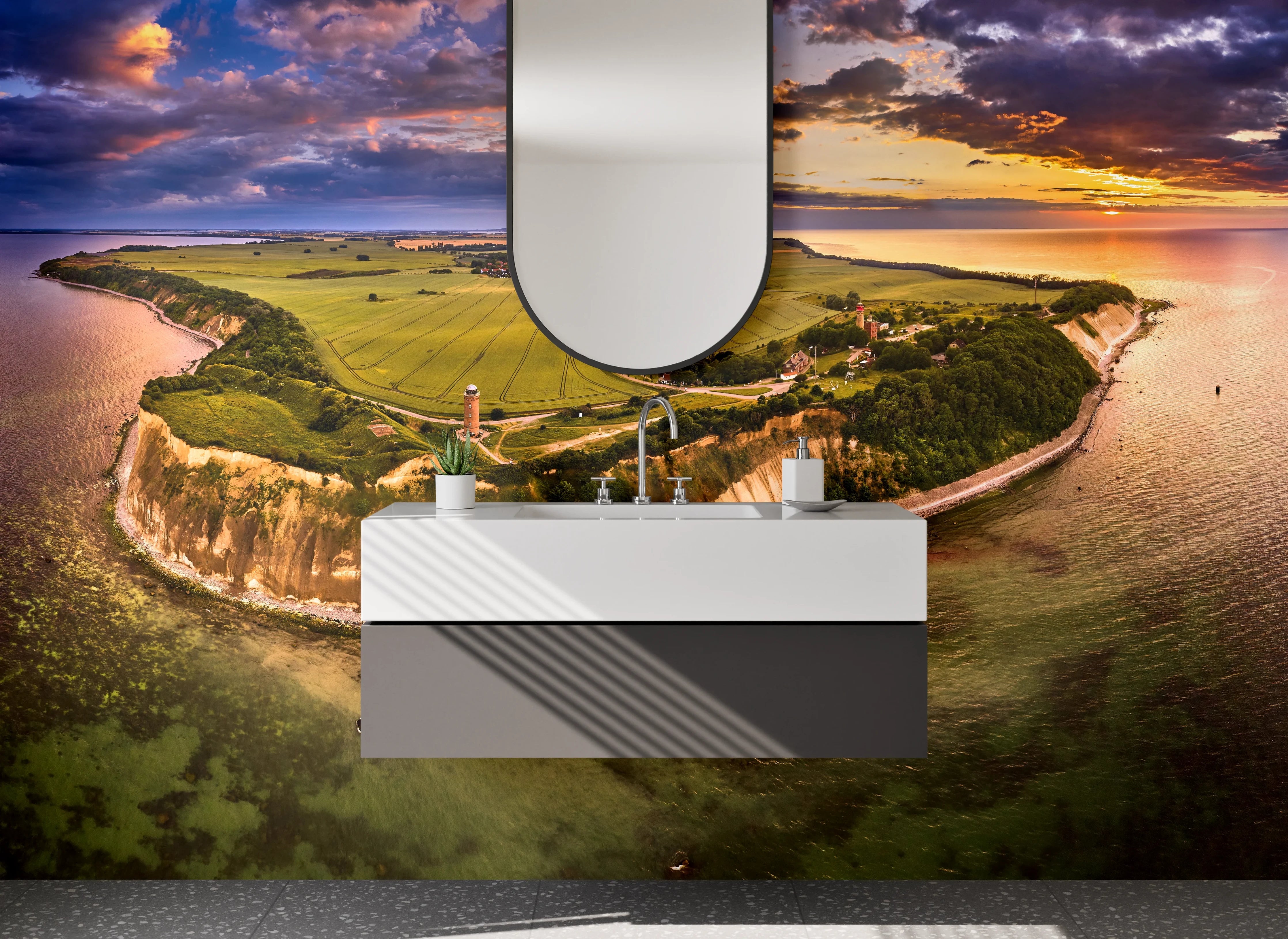 Waschbecken-Rückwand - Landschaftliche Kliffs mit Blick auf das Meer bei Sonnenuntergang