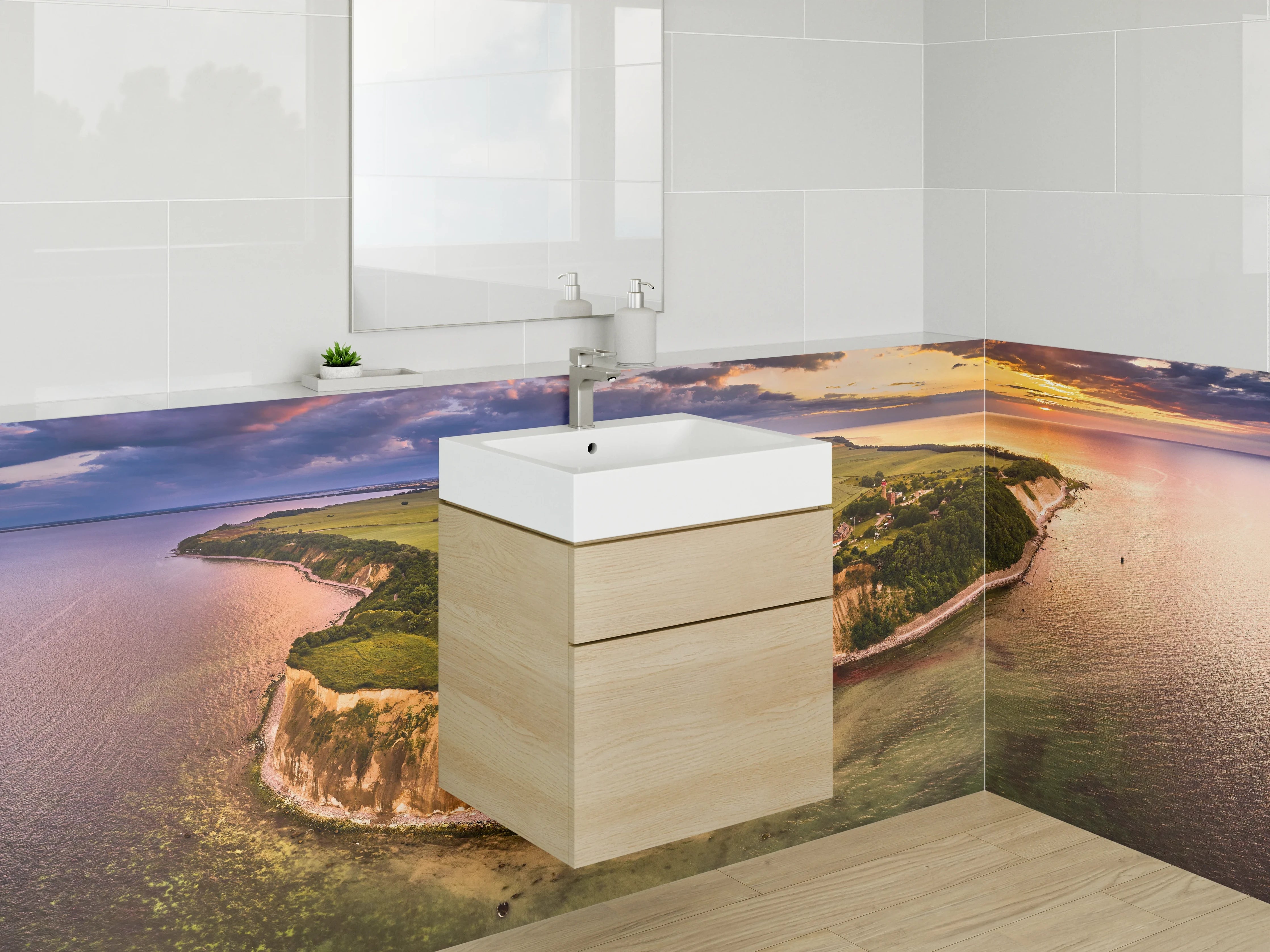 Waschbecken-Rückwand - Landschaftliche Kliffs mit Blick auf das Meer bei Sonnenuntergang