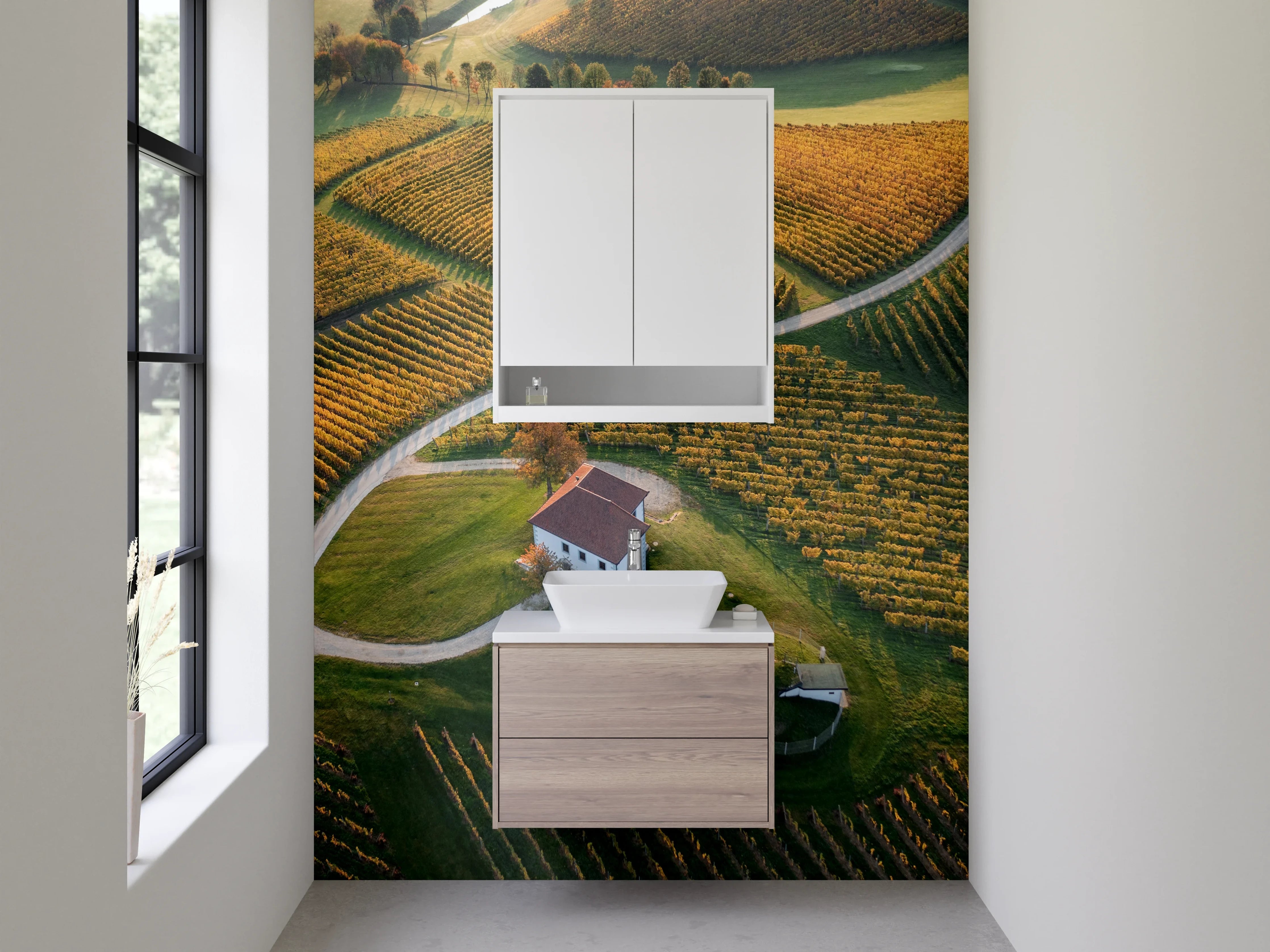 Waschbecken-Rückwand - Landschaftliche Weinberge mit Haus – Panorama