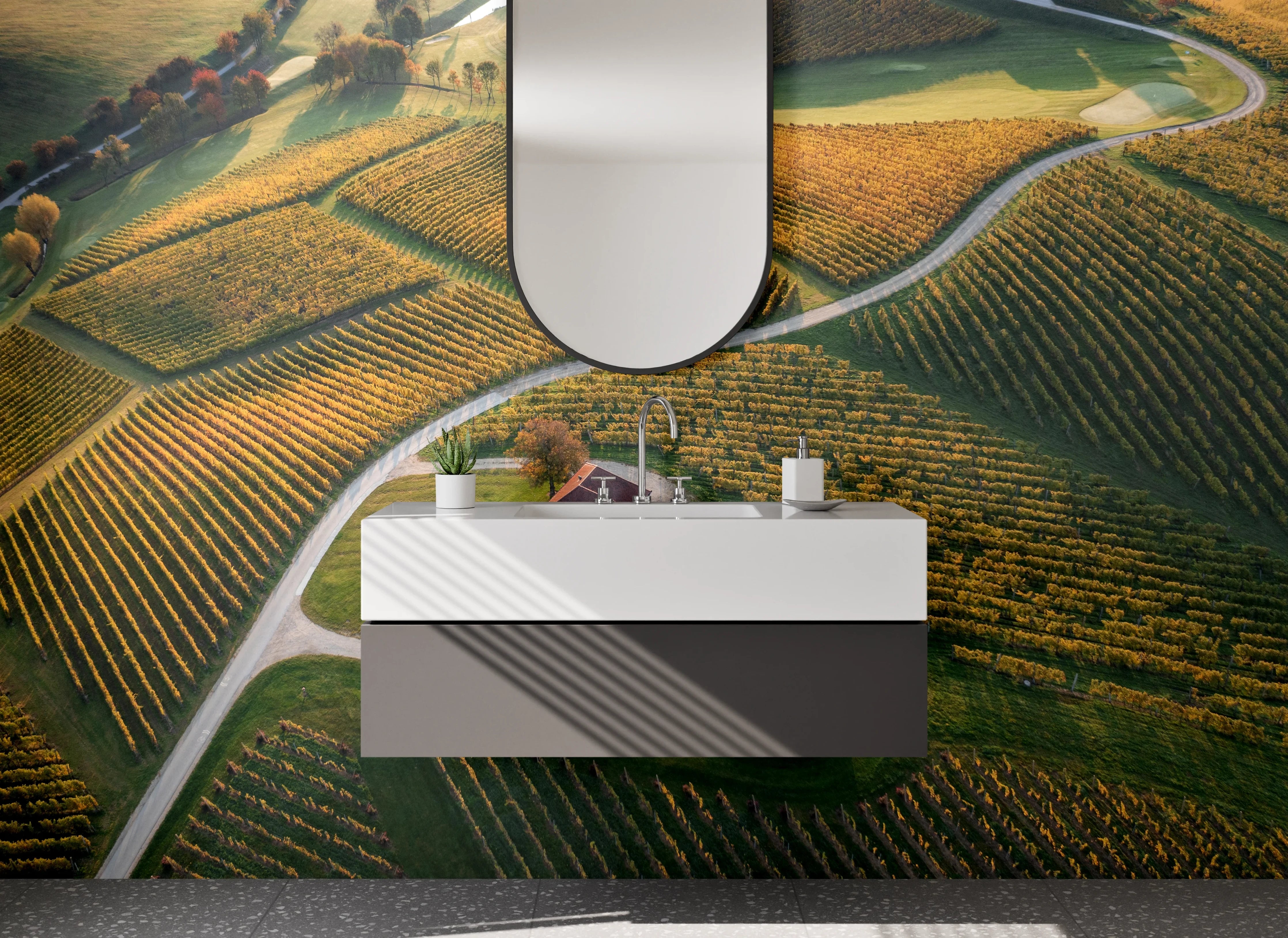 Waschbecken-Rückwand - Landschaftliche Weinberge mit Haus – Panorama