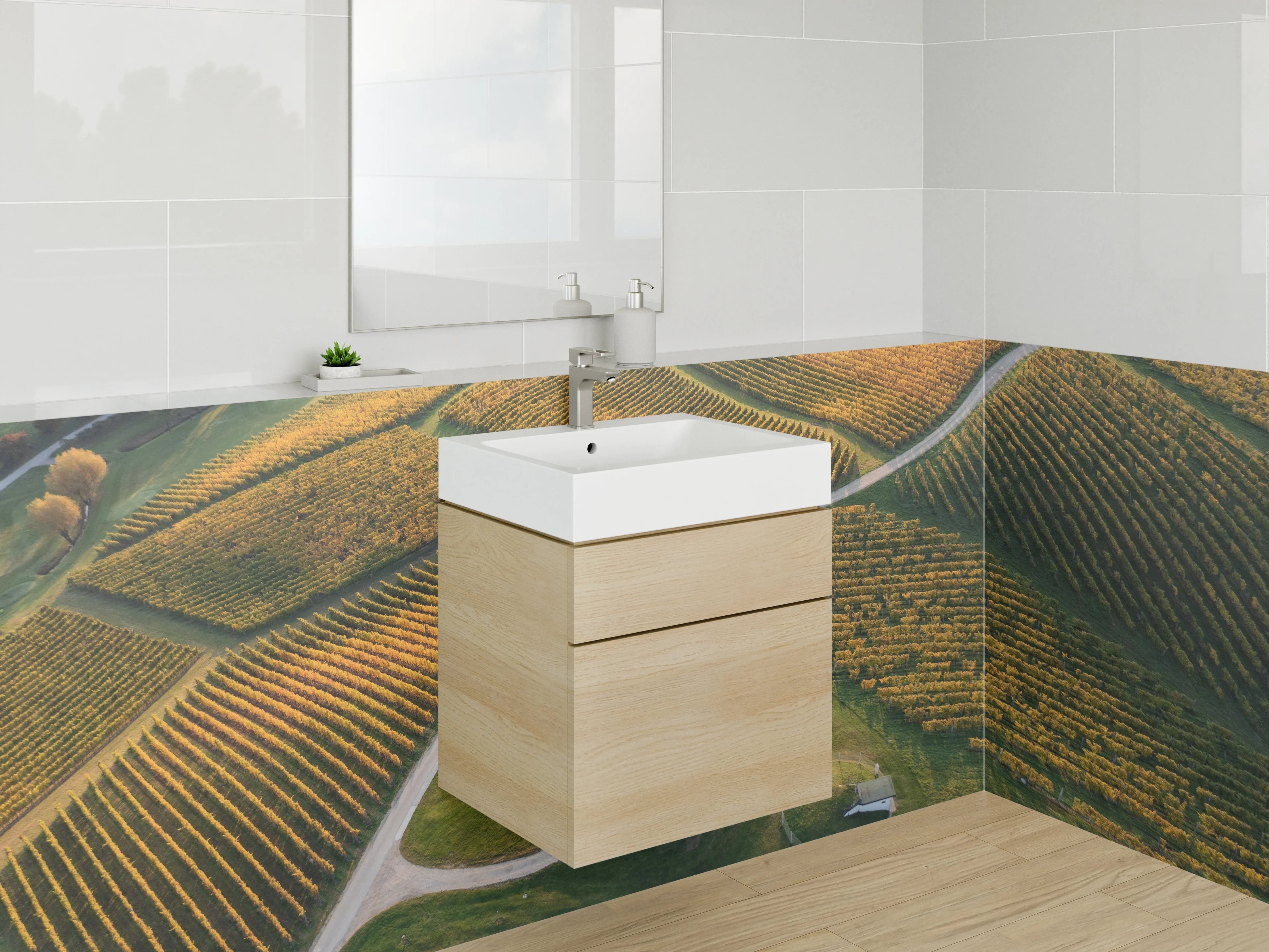 Waschbecken-Rückwand - Landschaftliche Weinberge mit Haus – Panorama