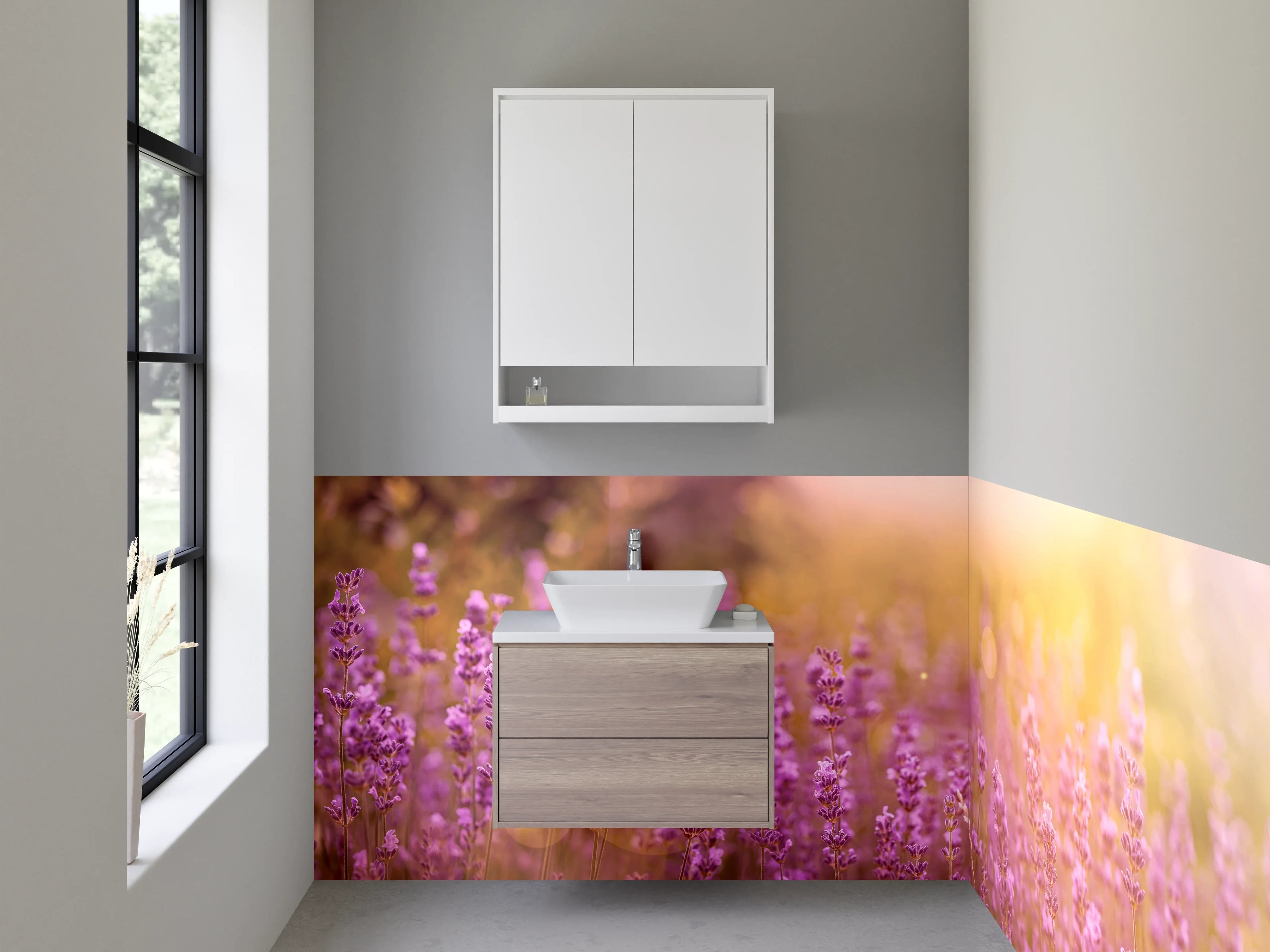 Waschbecken-Rückwand - Lavendel Feld Sonnenuntergang Magie