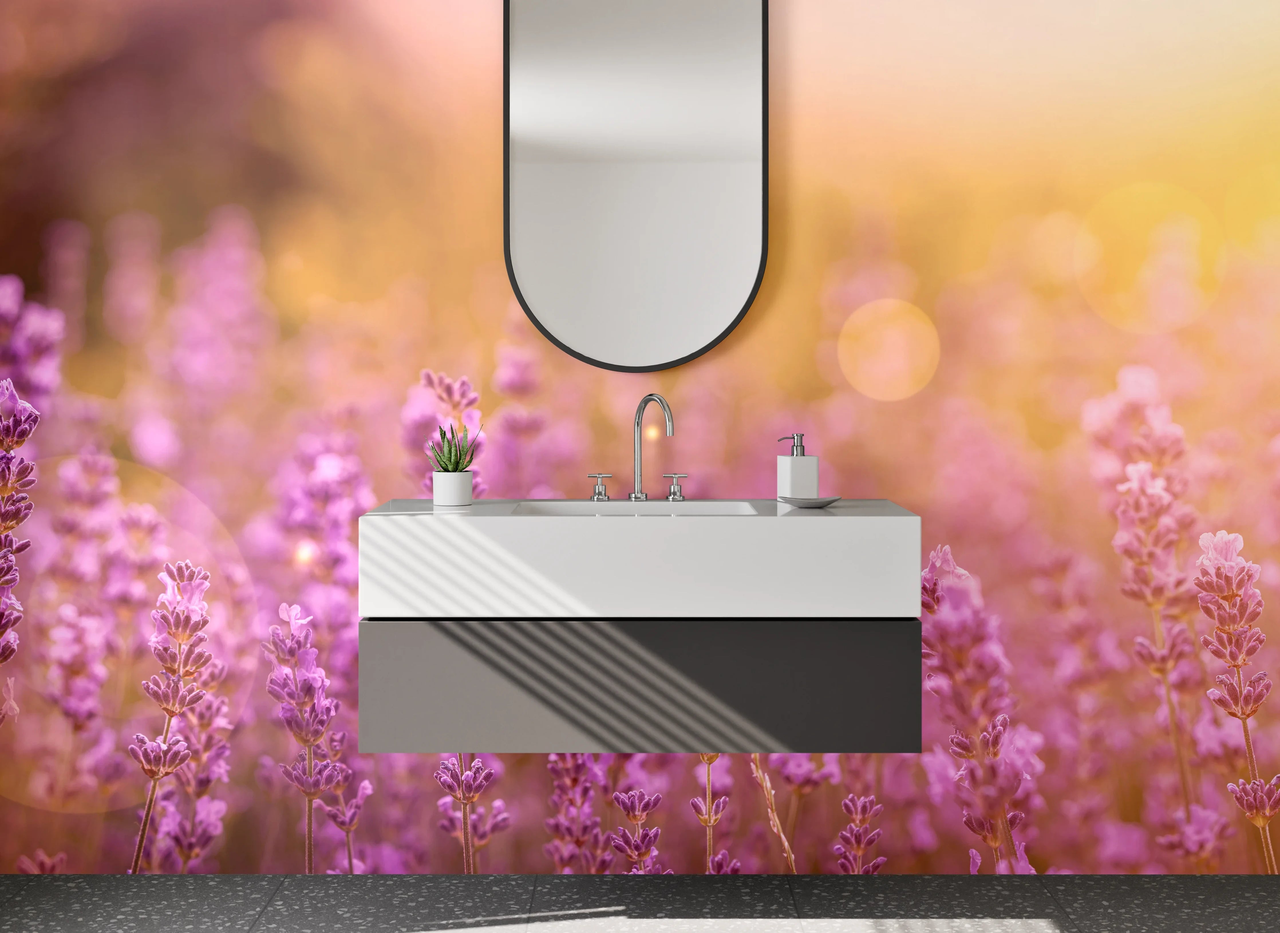 Waschbecken-Rückwand - Lavendel Feld Sonnenuntergang Magie