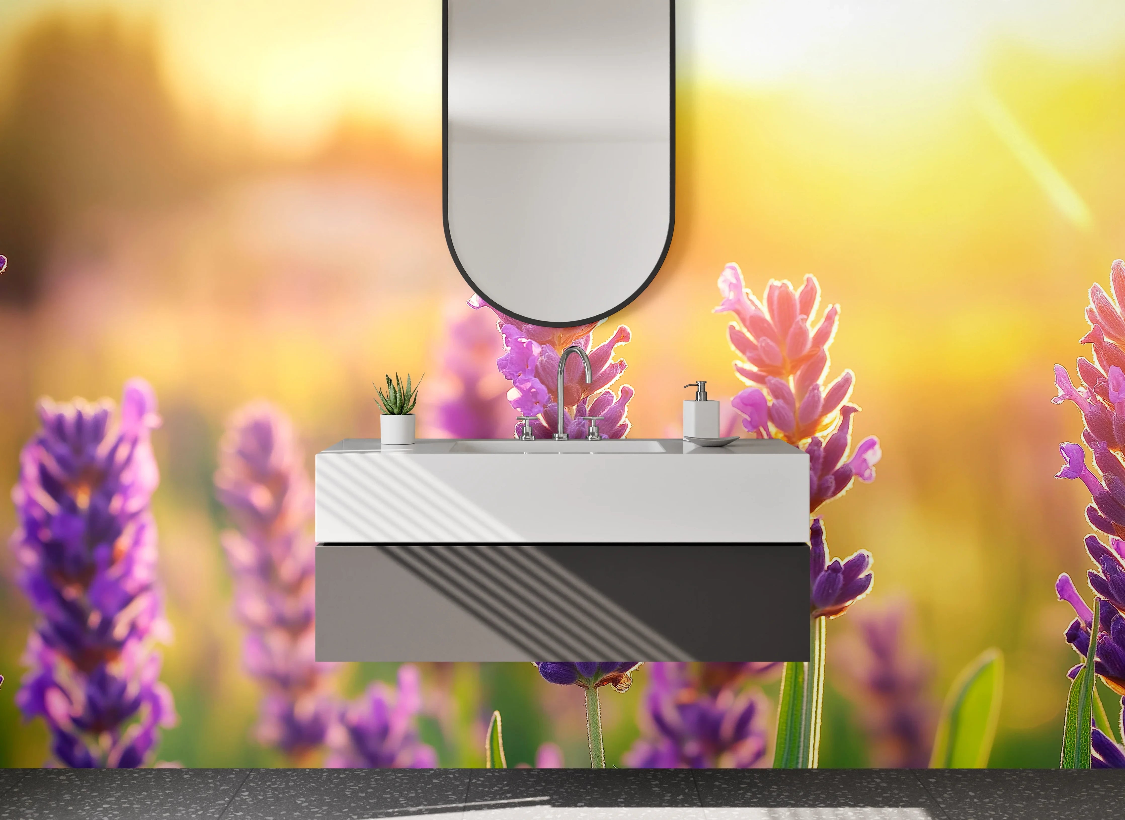 Waschbecken-Rückwand - Lavendel Feld Sonnenuntergang Natur
