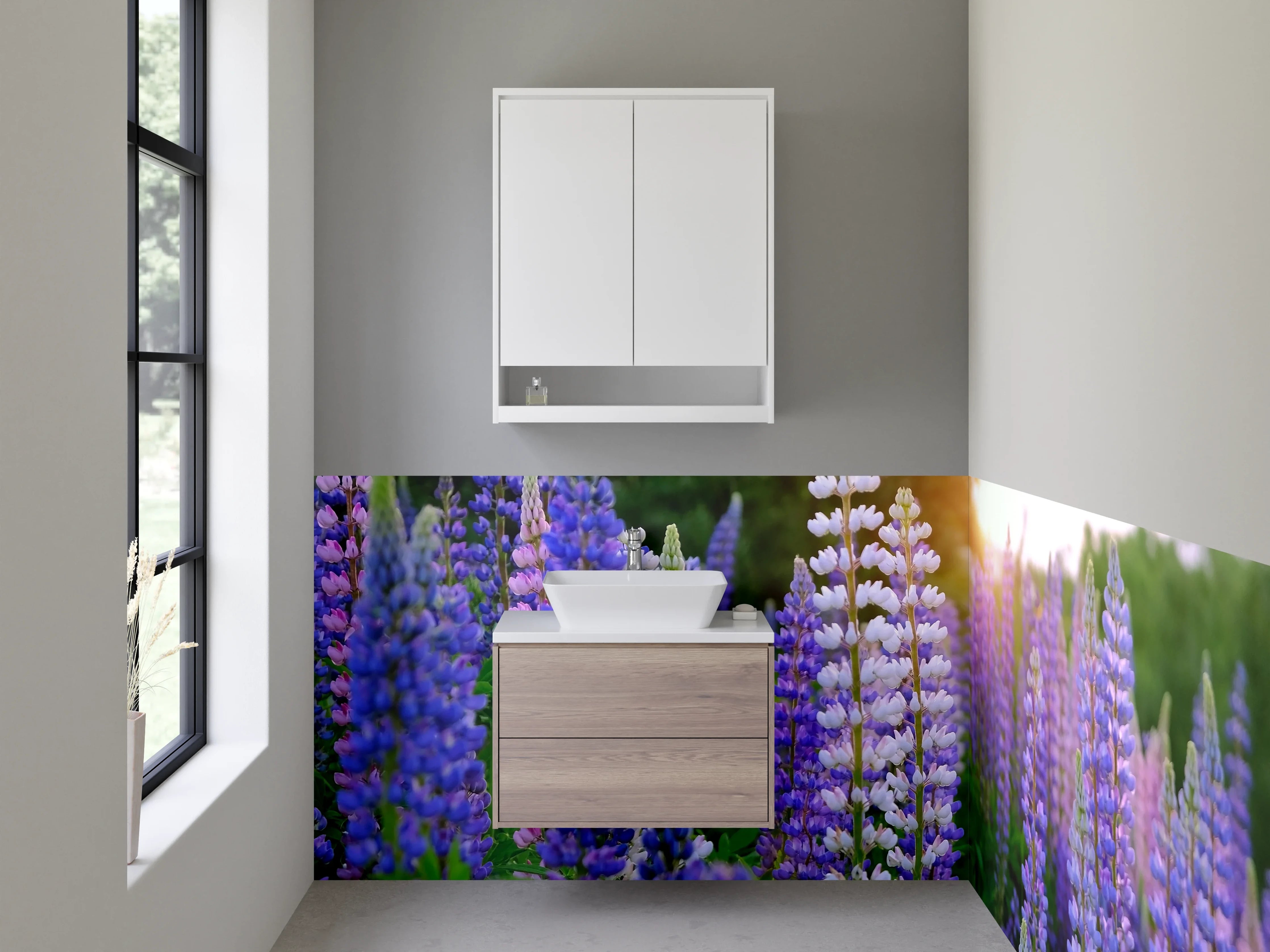 Waschbecken-Rückwand - Lavendel Lupinen im Sonnenuntergang