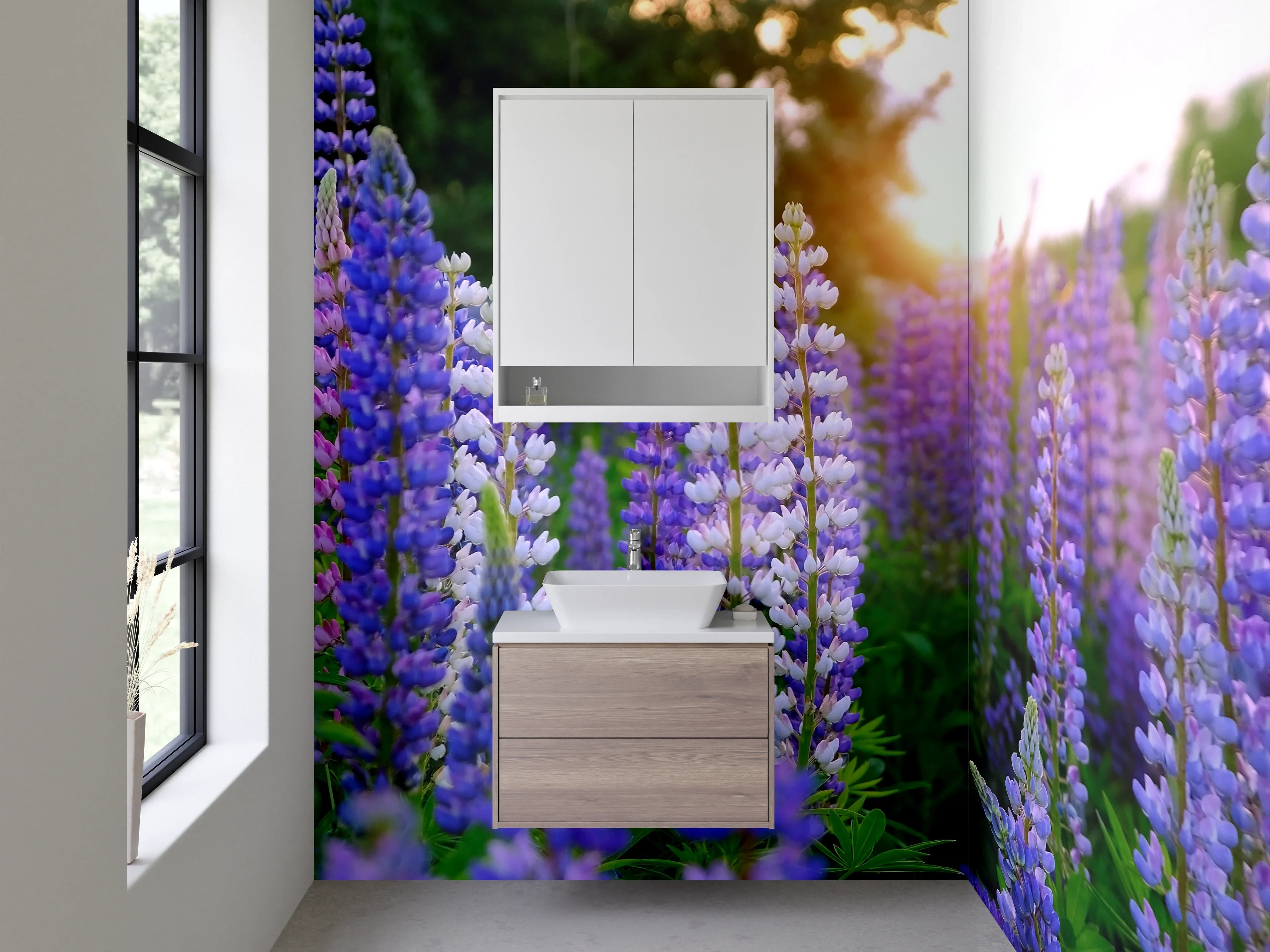 Waschbecken-Rückwand - Lavendel Lupinen im Sonnenuntergang