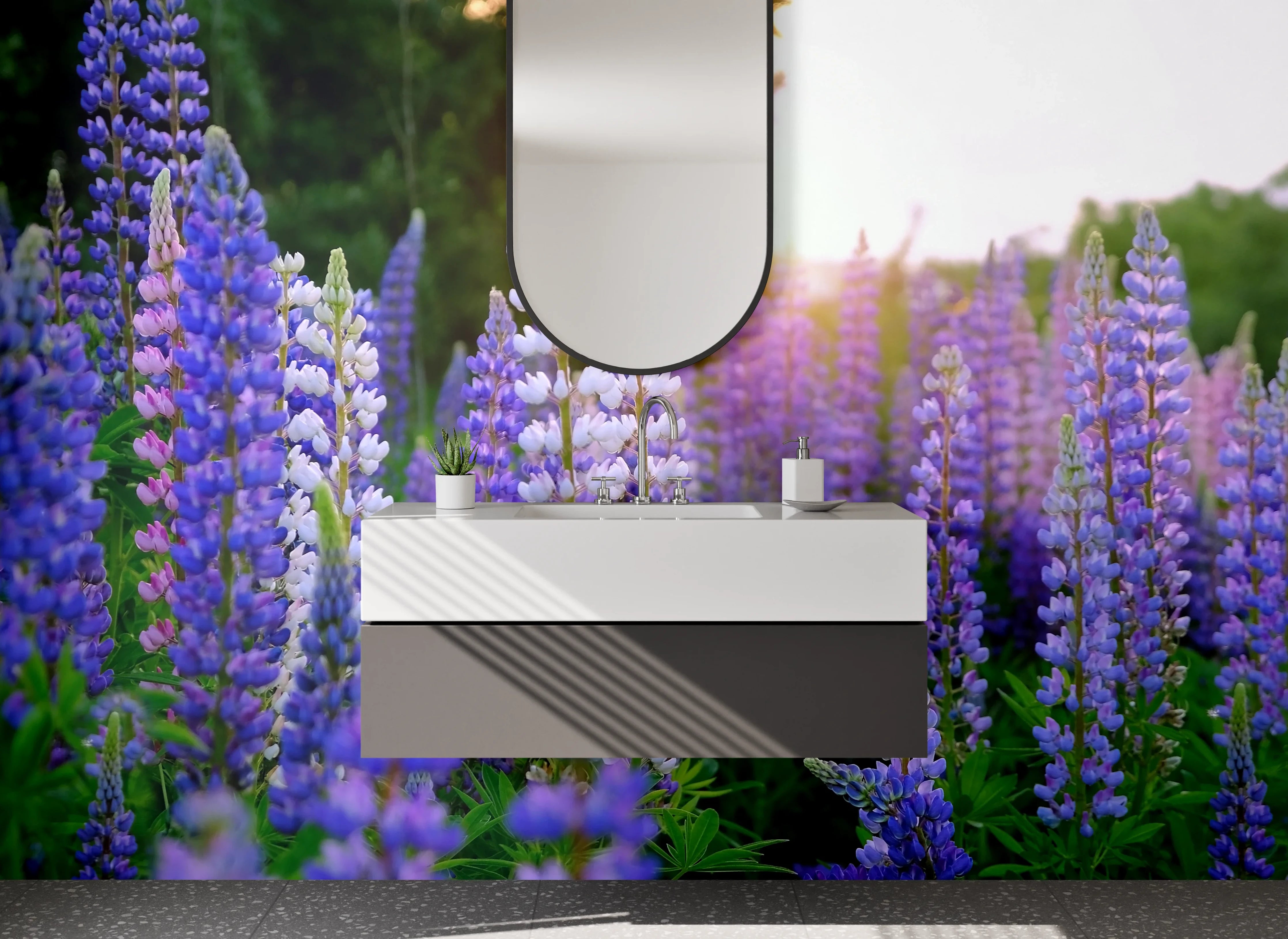 Waschbecken-Rückwand - Lavendel Lupinen im Sonnenuntergang