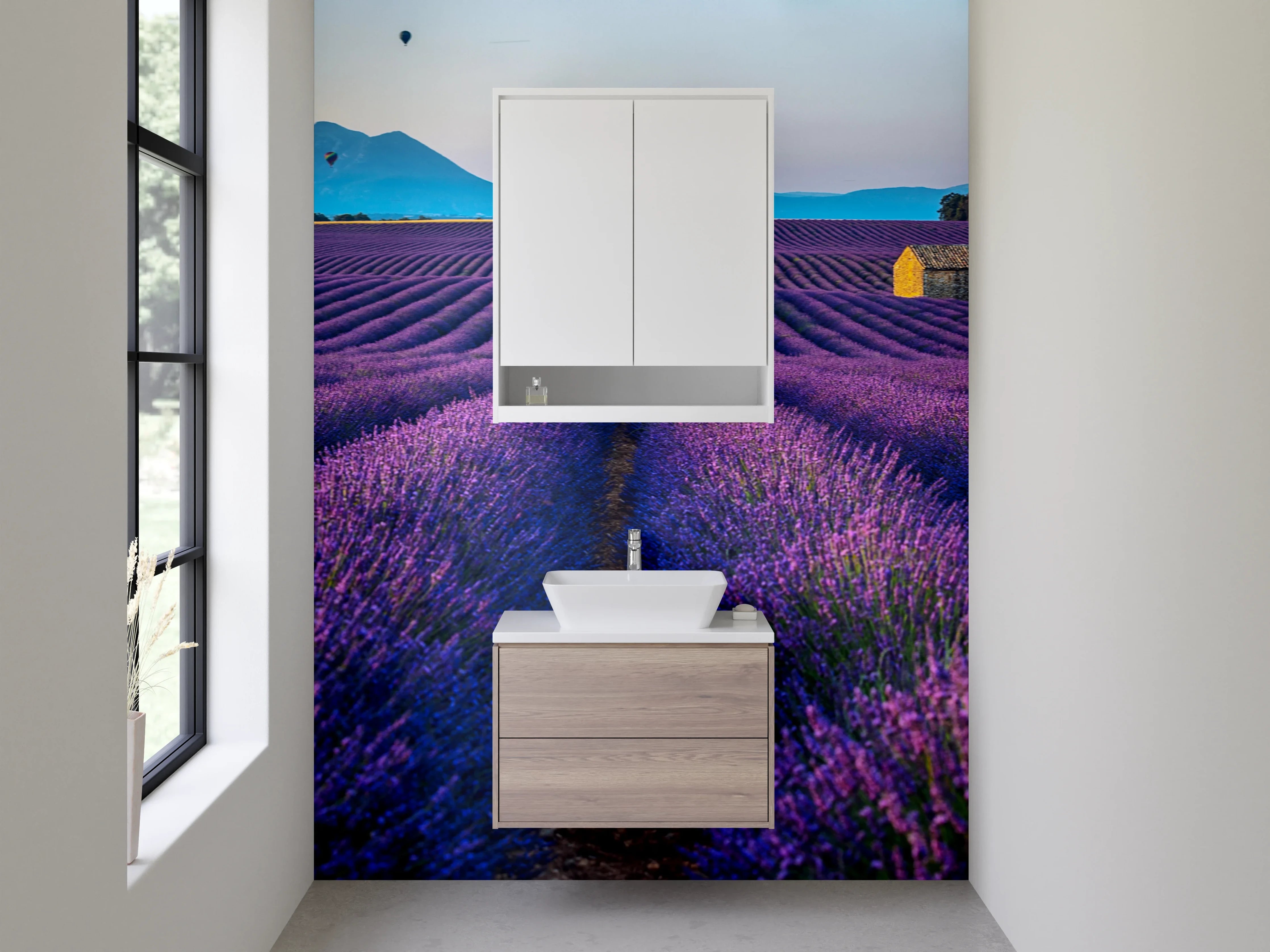 Waschbecken-Rückwand - Lavendelfeld Provence mit Berghütte