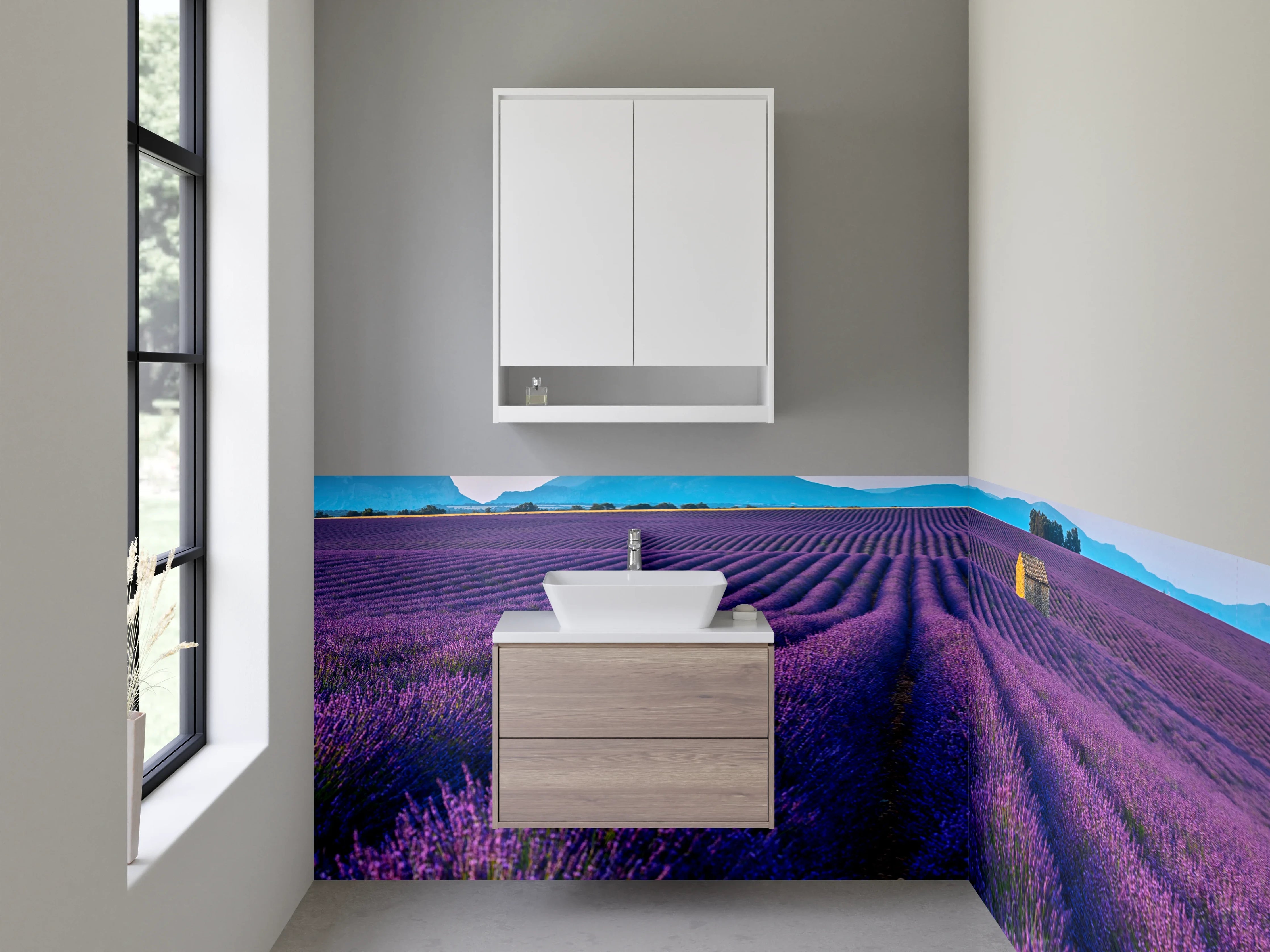 Waschbecken-Rückwand - Lavendelfeld Provence mit Berghütte