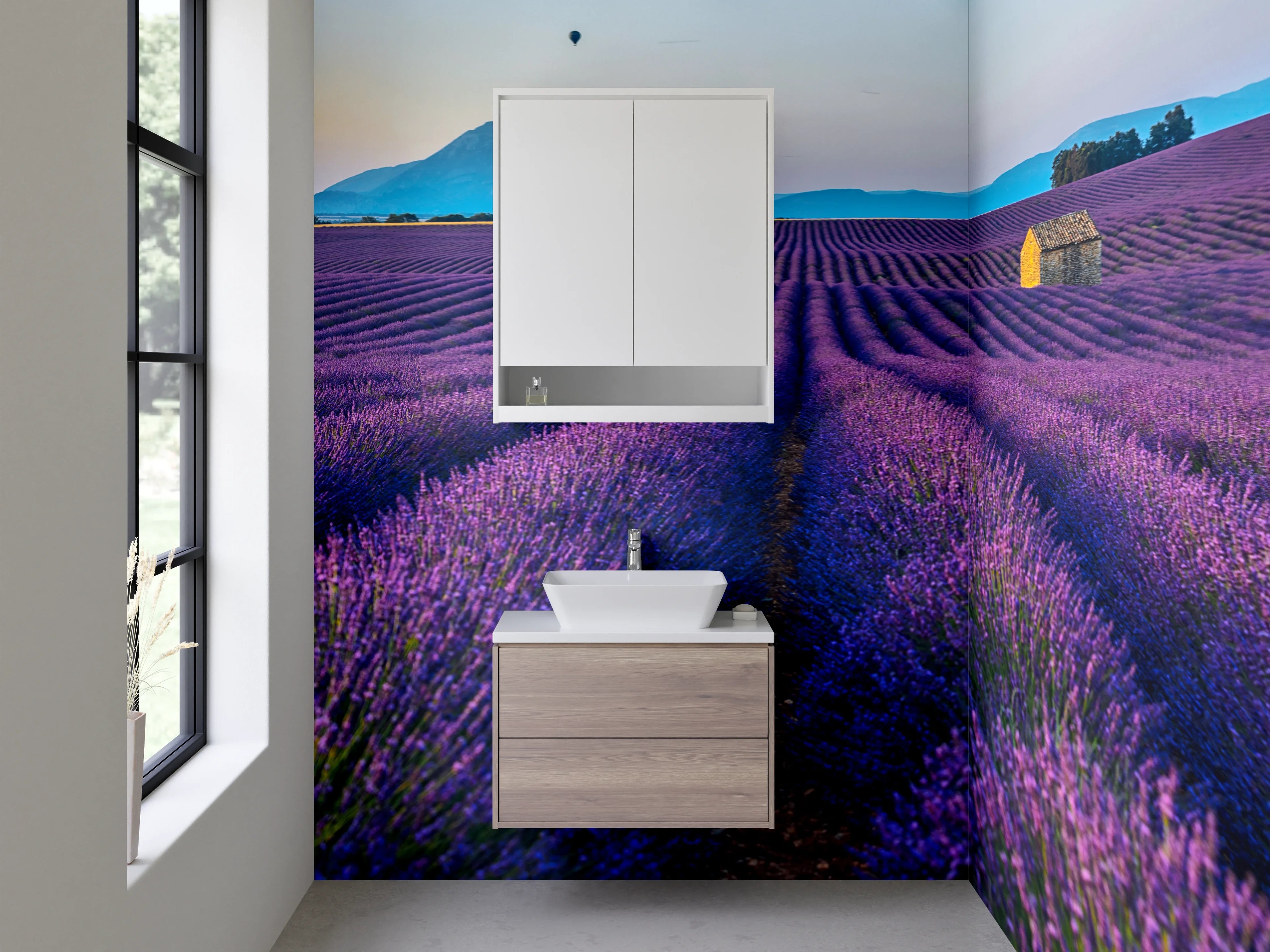 Waschbecken-Rückwand - Lavendelfeld Provence mit Berghütte