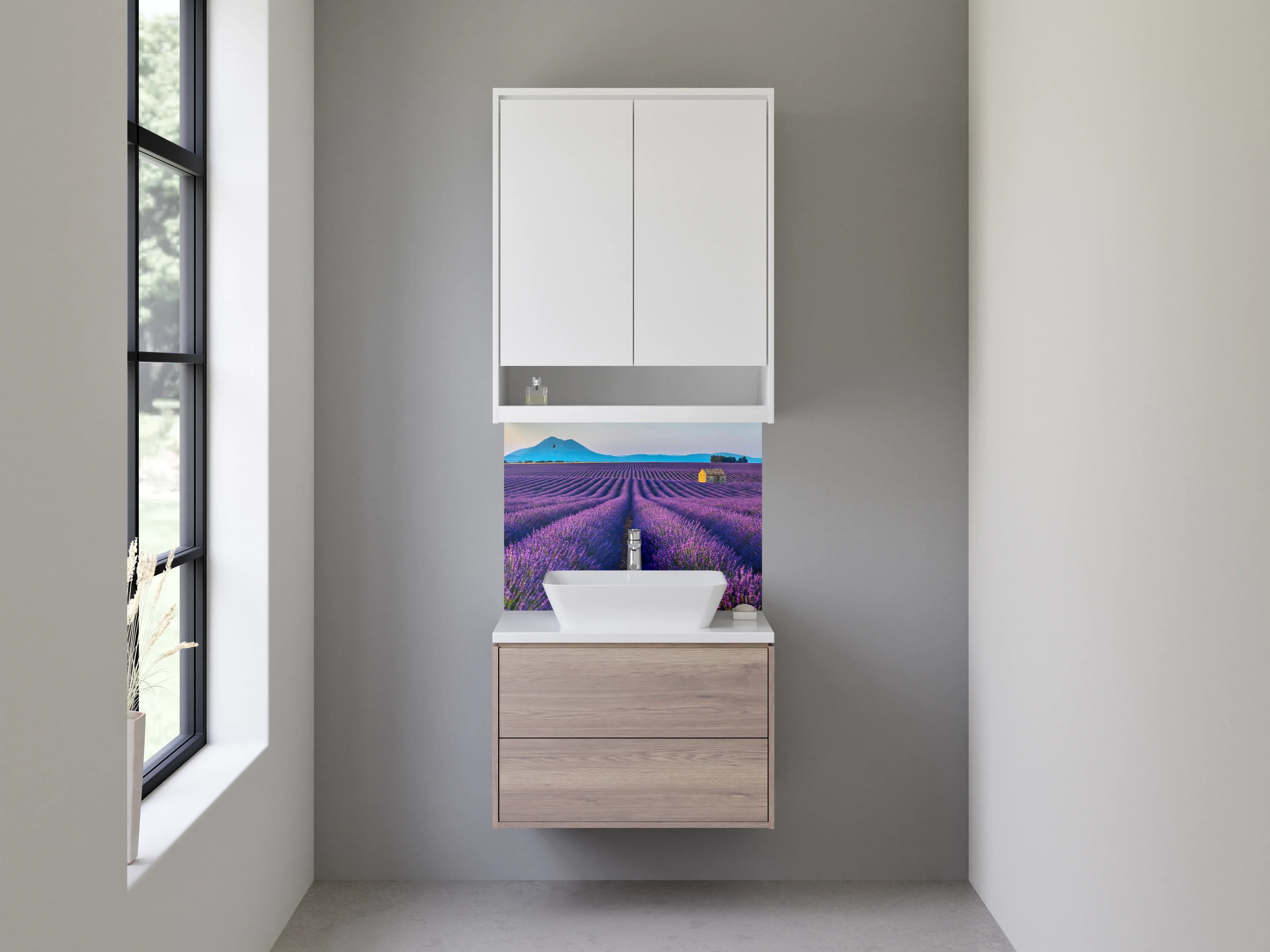 Waschbecken-Rückwand - Lavendelfeld Provence mit Berghütte