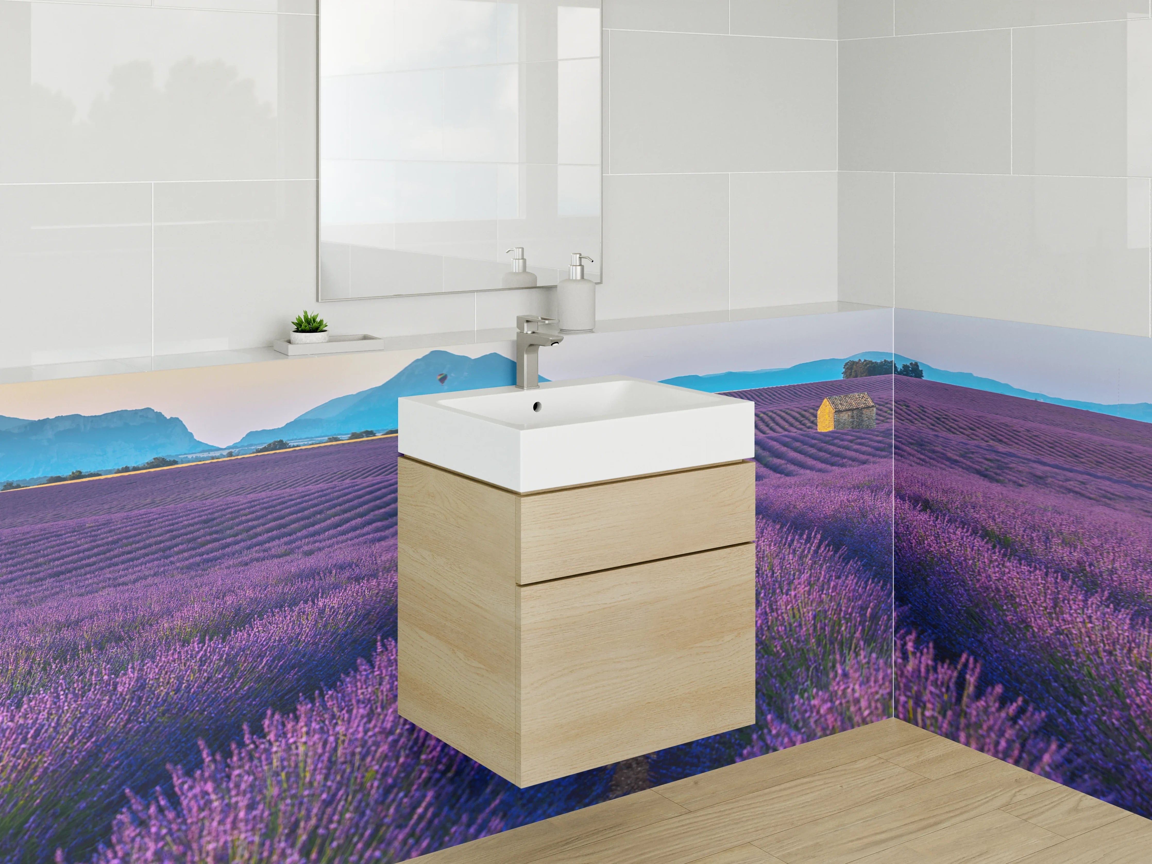 Waschbecken-Rückwand - Lavendelfeld Provence mit Berghütte