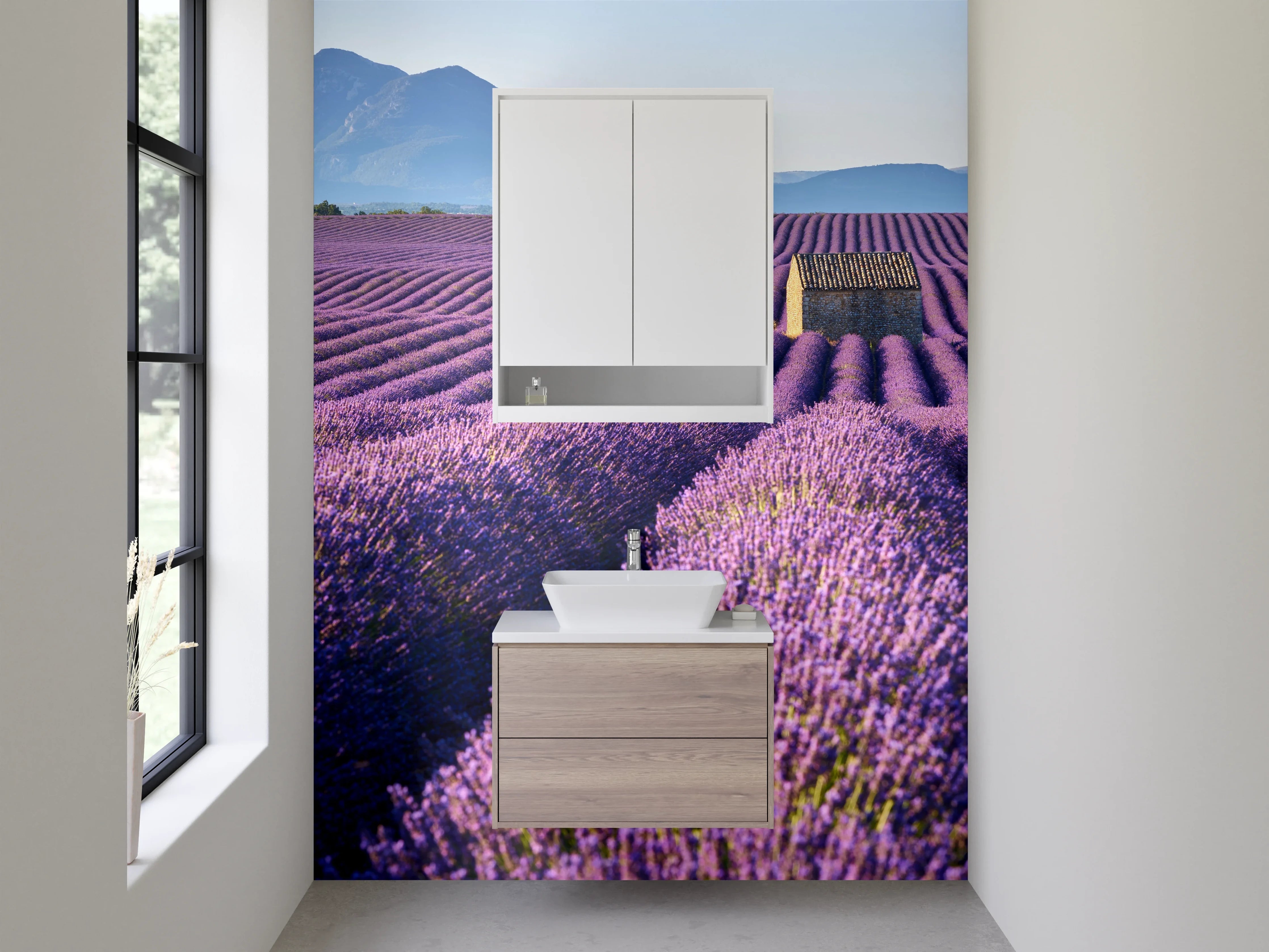 Waschbecken-Rückwand - Lavendelfeld Provence mit Bergpanorama