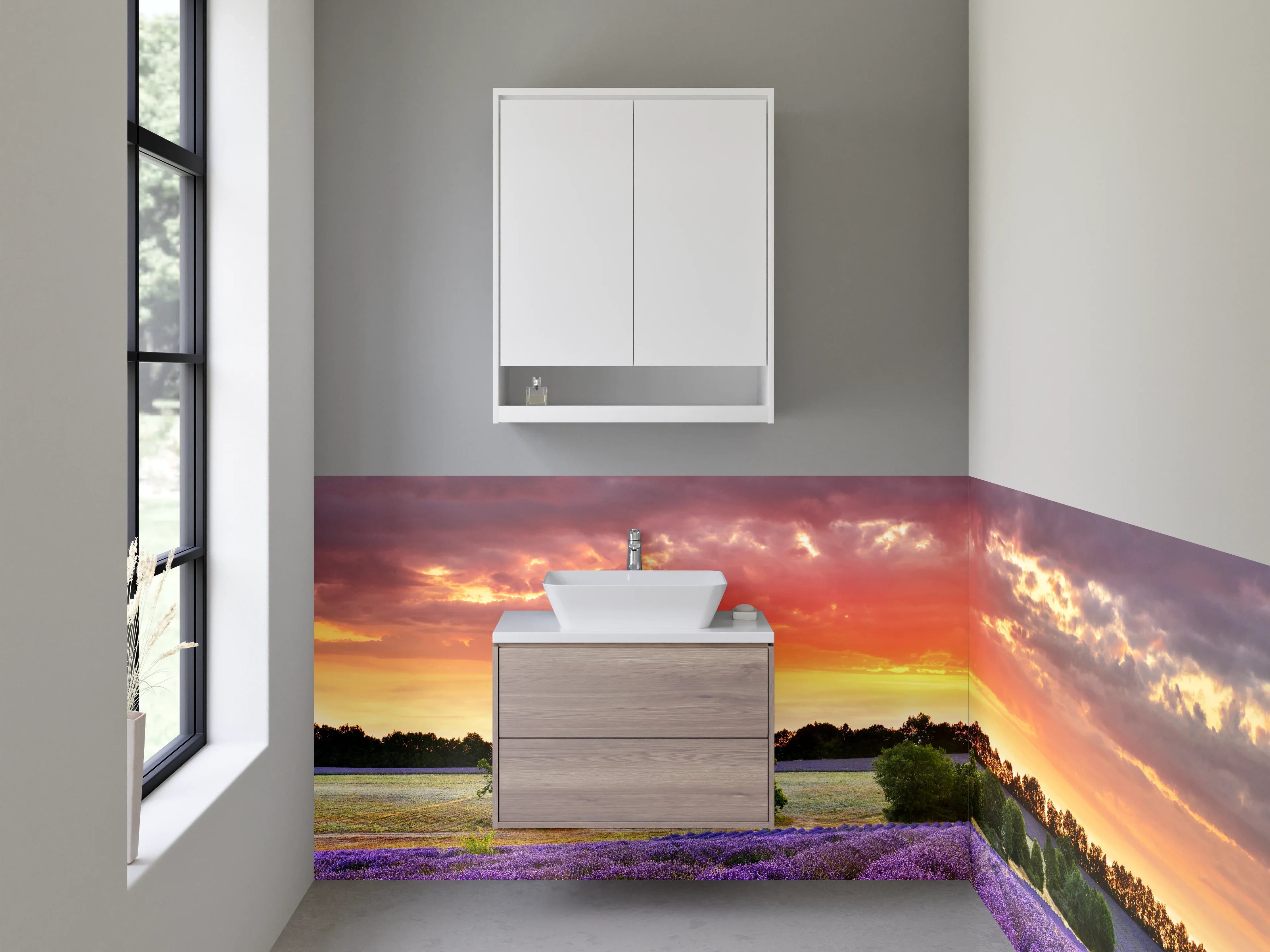 Waschbecken-Rückwand - Lavendelfeld Sonnenuntergang Landschaft