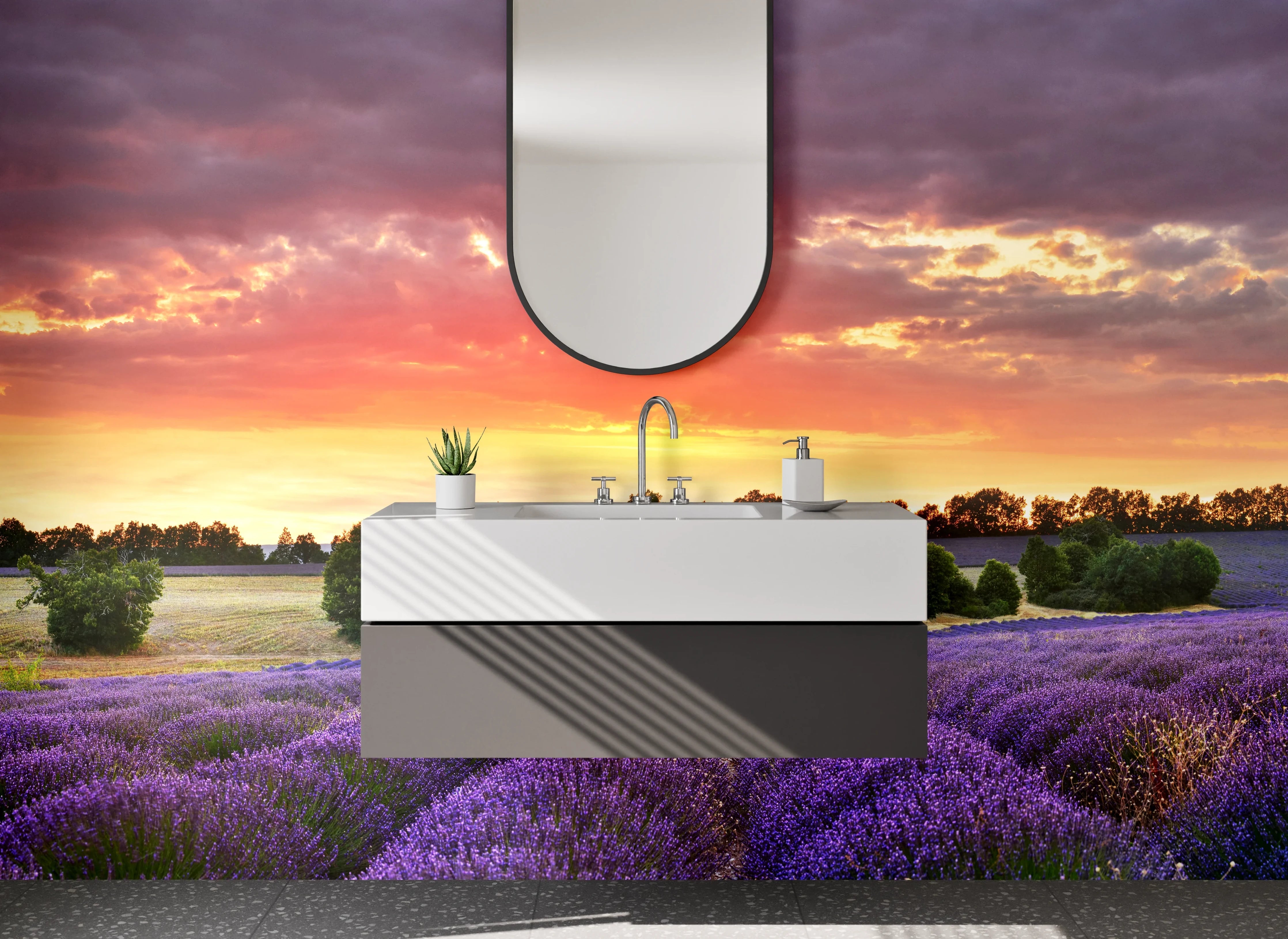 Waschbecken-Rückwand - Lavendelfeld Sonnenuntergang Landschaft