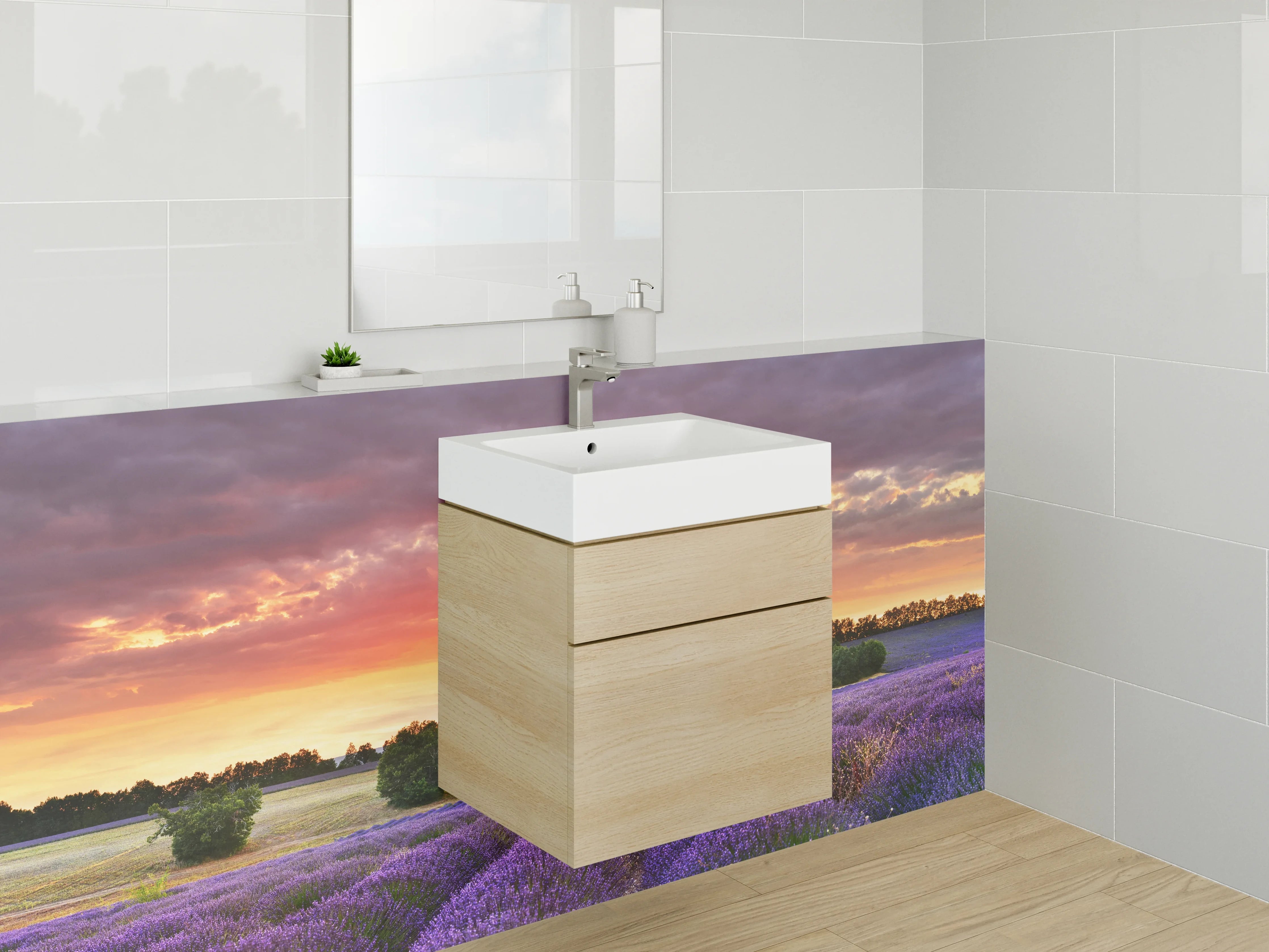 Waschbecken-Rückwand - Lavendelfeld Sonnenuntergang Landschaft