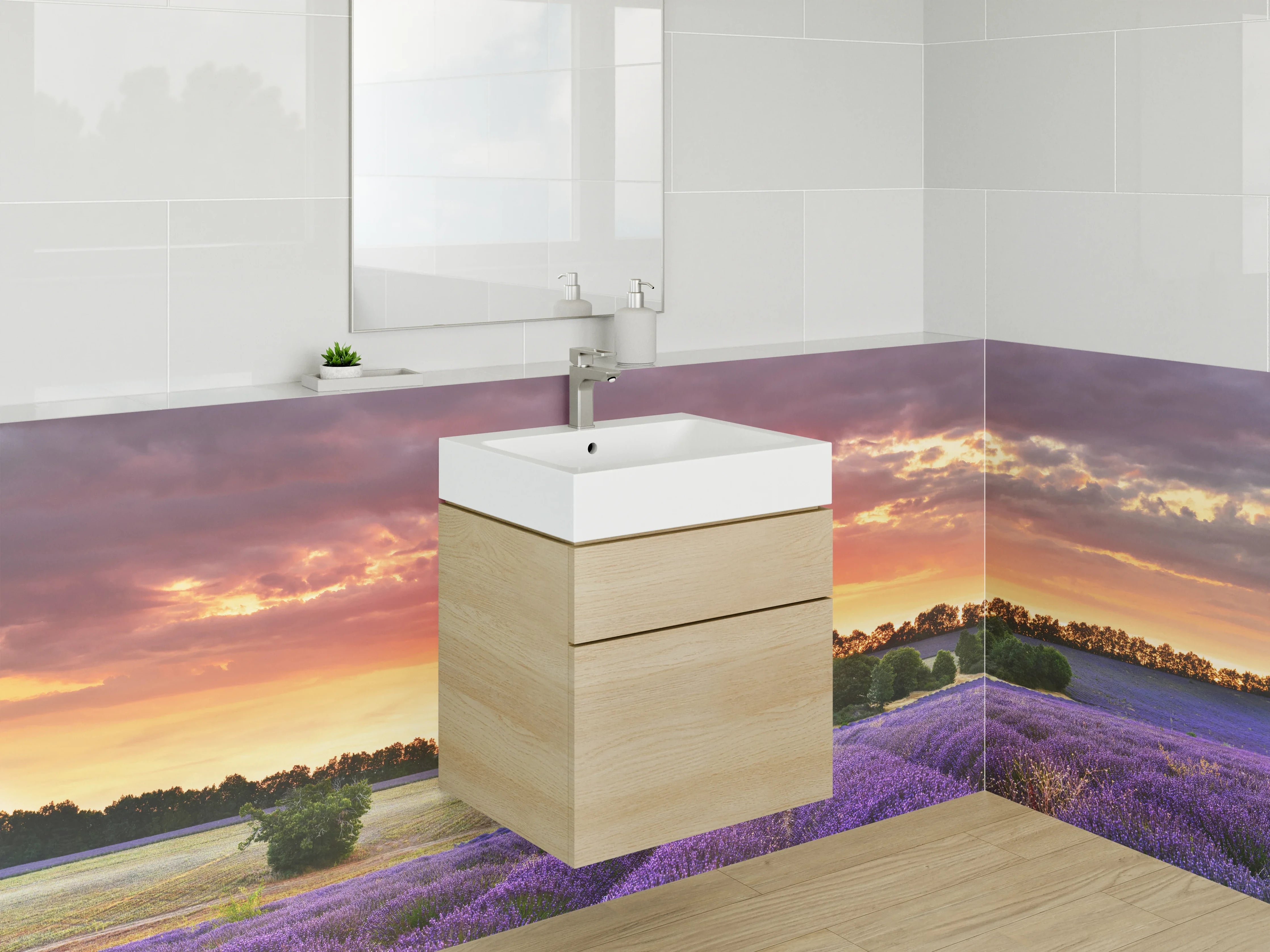 Waschbecken-Rückwand - Lavendelfeld Sonnenuntergang Landschaft