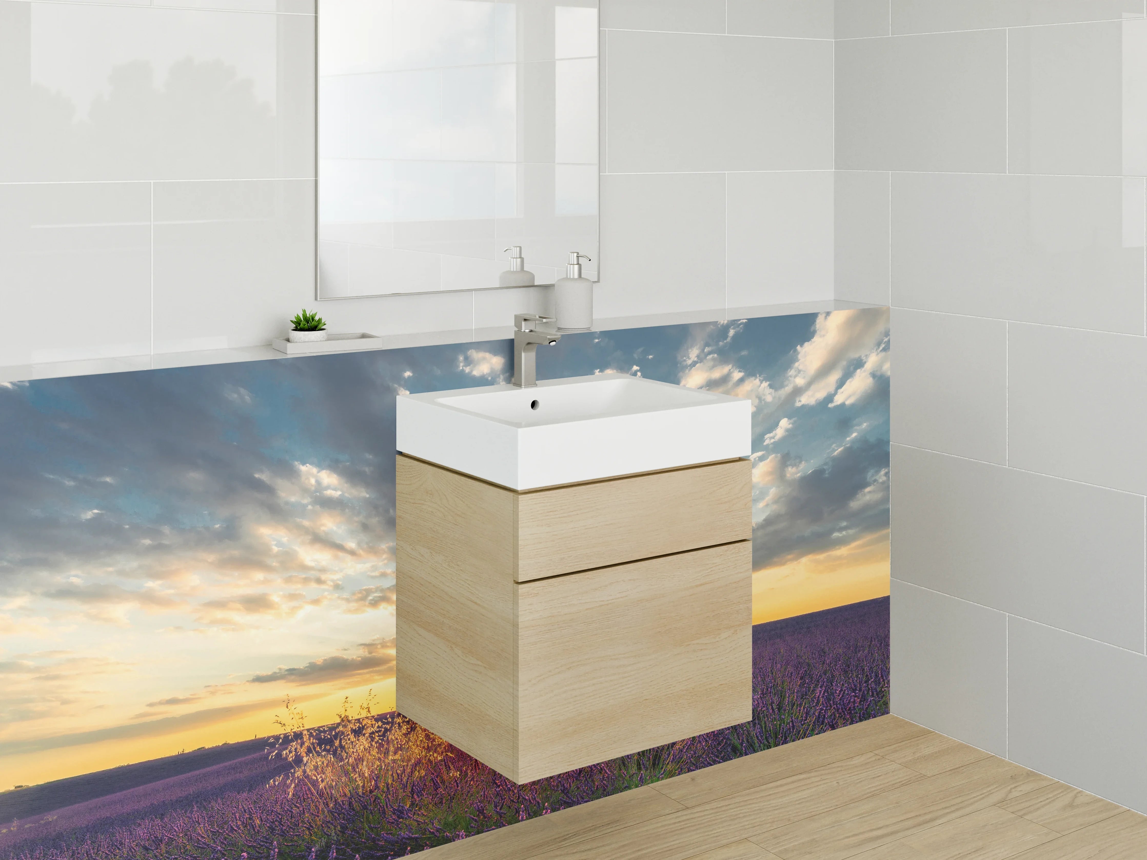 Waschbecken-Rückwand - Lavendelfeld Sonnenuntergang Panoramabild