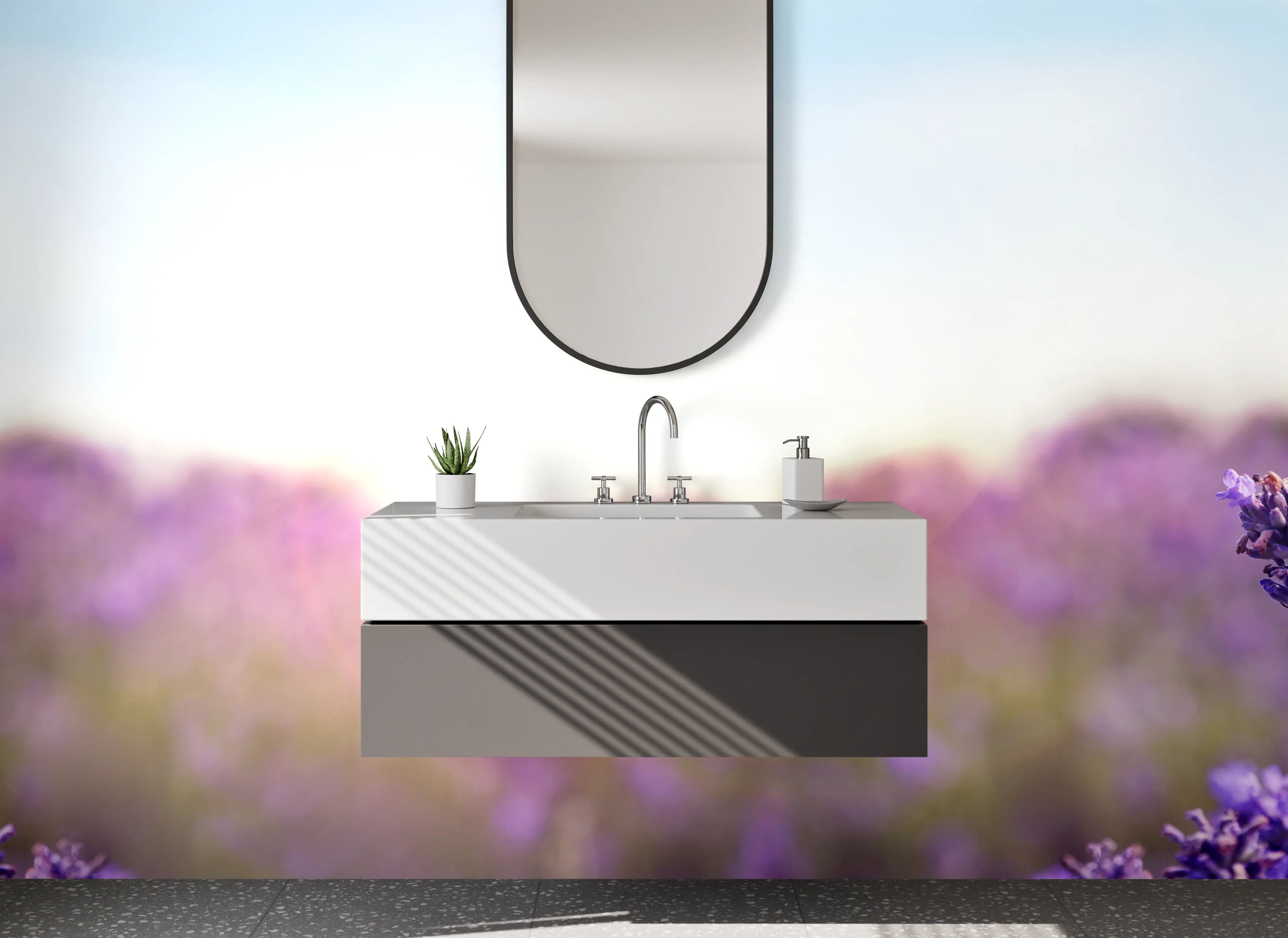 Waschbecken-Rückwand - Lavendelfeld im Sonnenaufgang Panorama