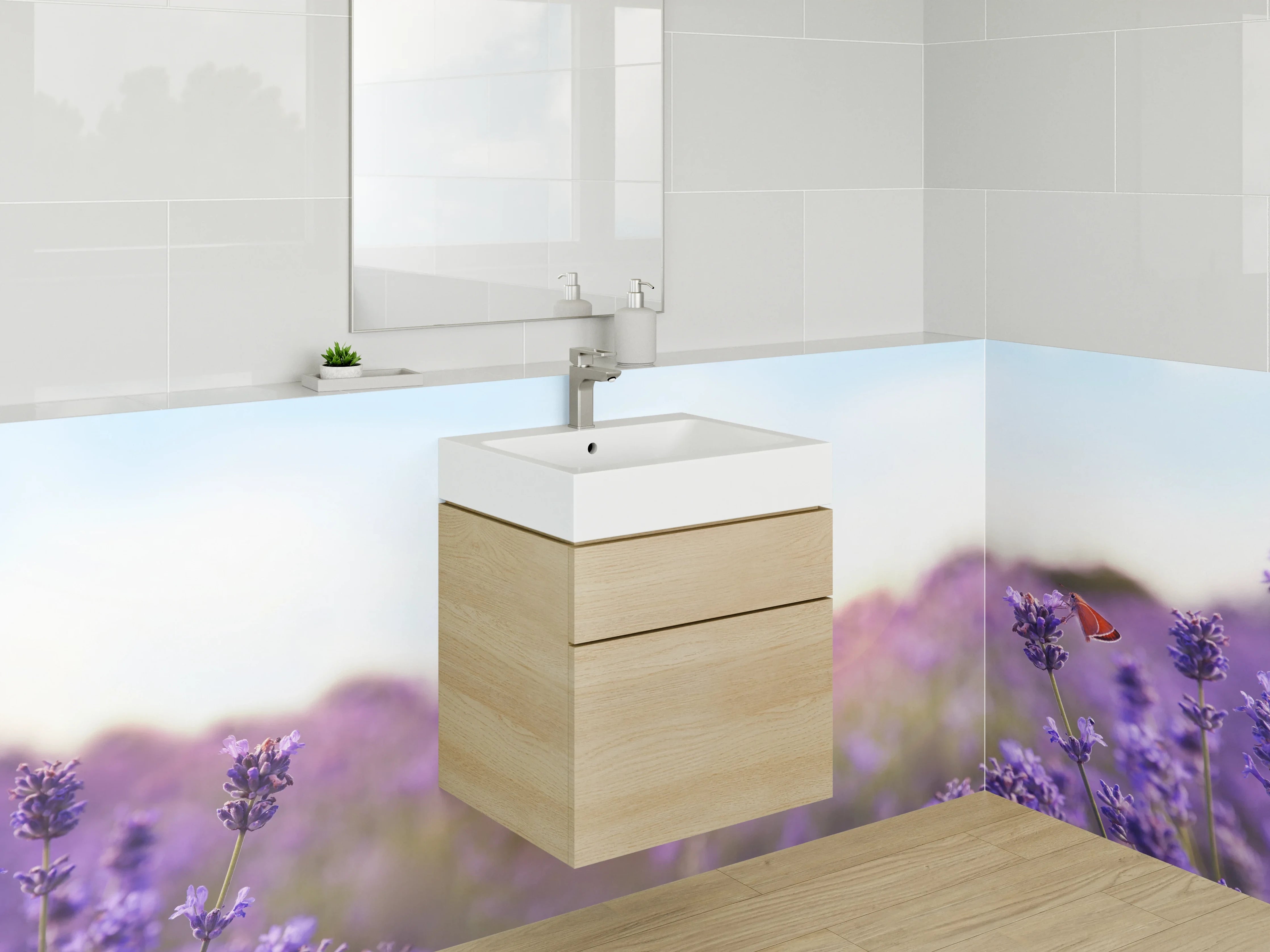 Waschbecken-Rückwand - Lavendelfeld im Sonnenaufgang Panorama