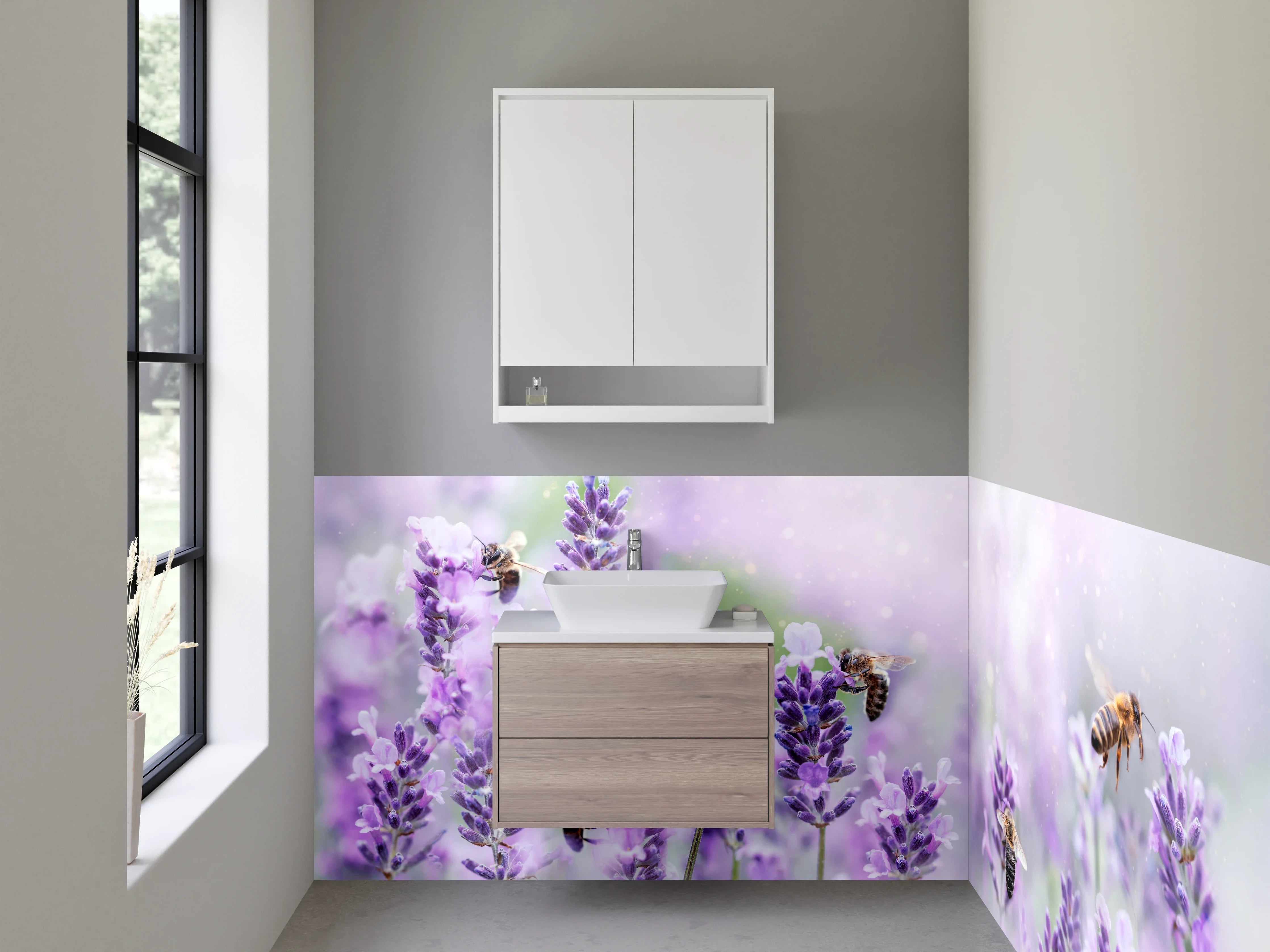 Waschbecken-Rückwand - Lavendelwiese mit Bienen – Fotomotiv
