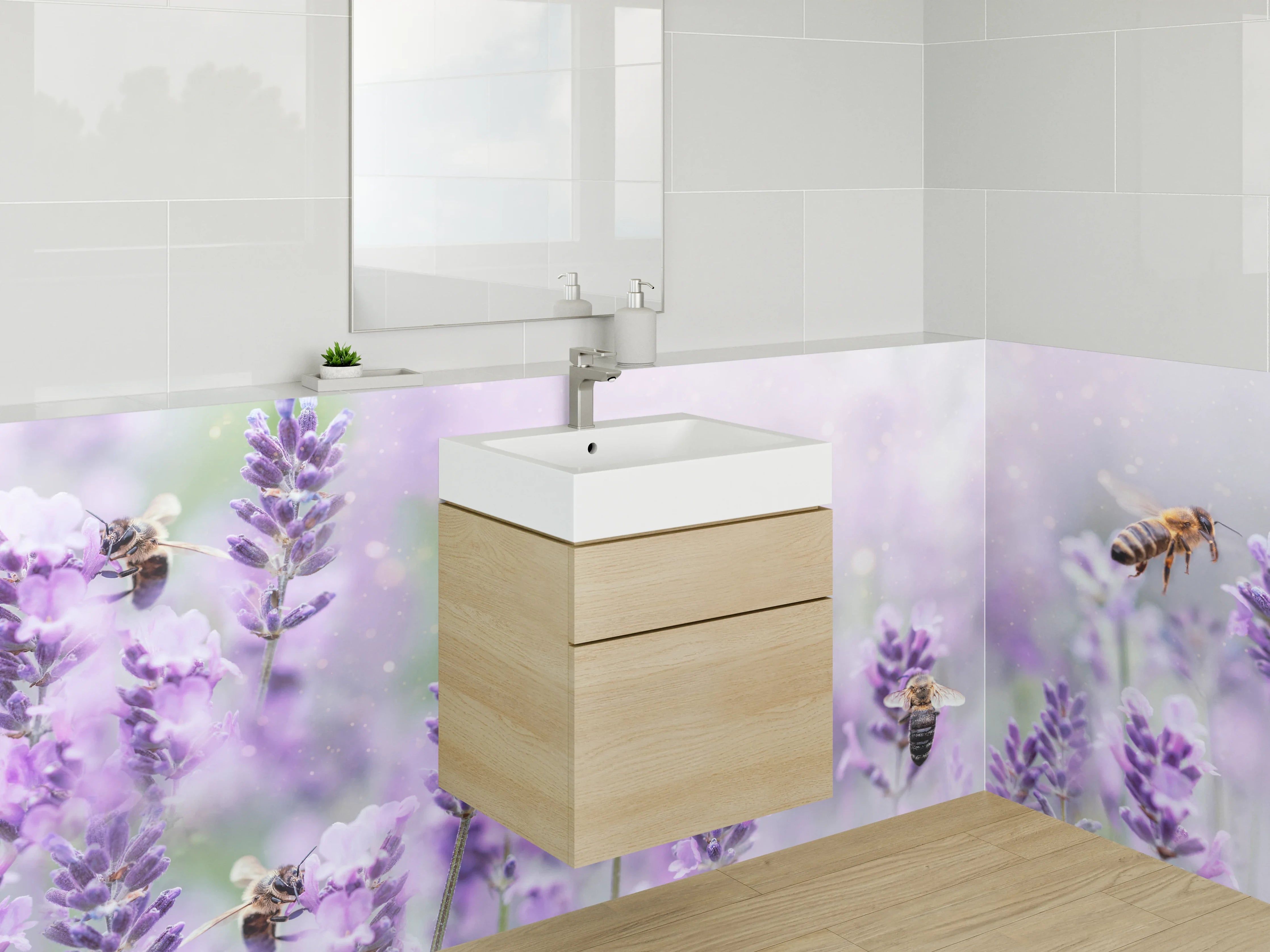 Waschbecken-Rückwand - Lavendelwiese mit Bienen – Fotomotiv