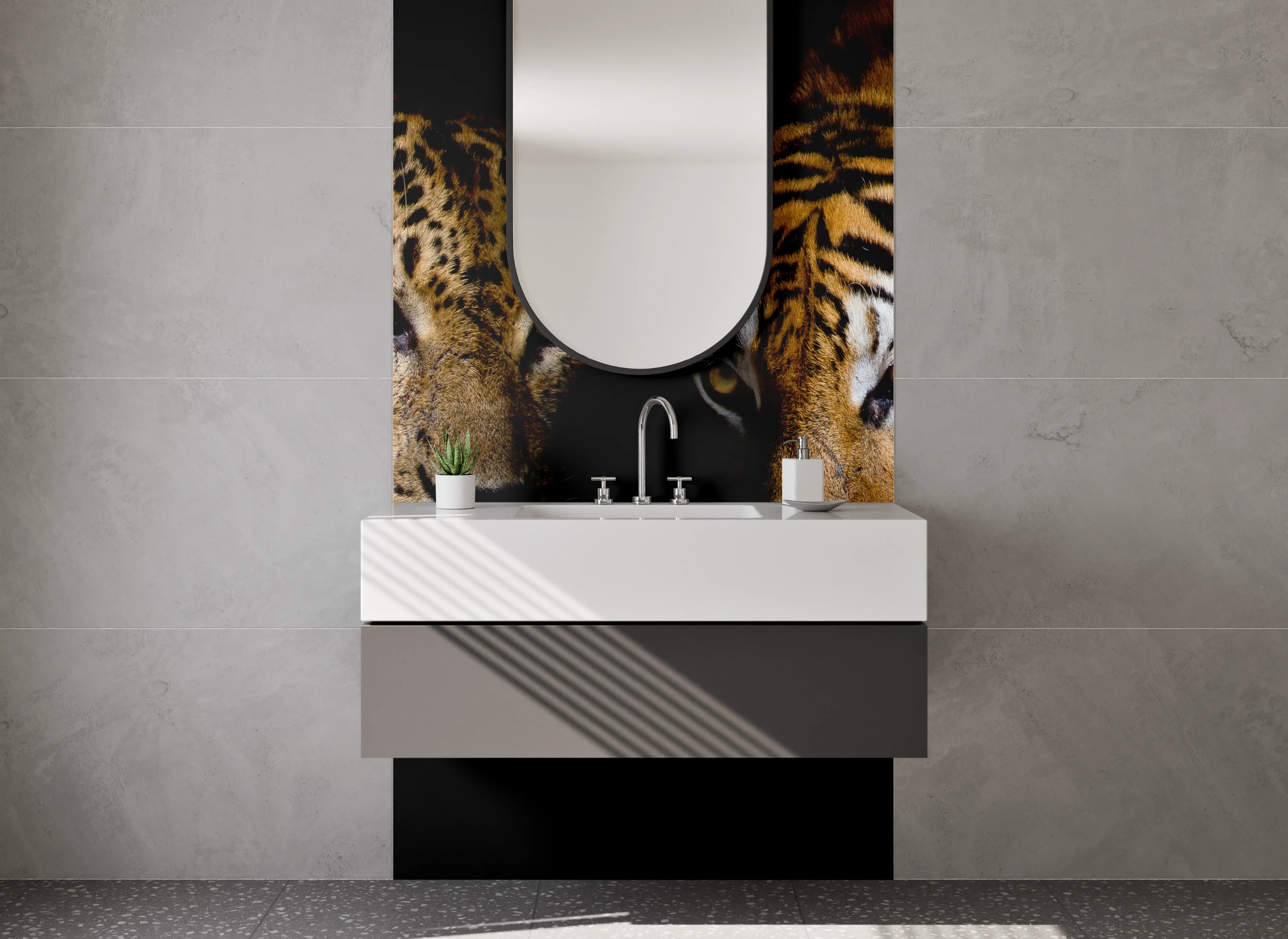 Waschbecken-Rückwand - Leopard und Tiger – Wildkatzen Kunstfoto