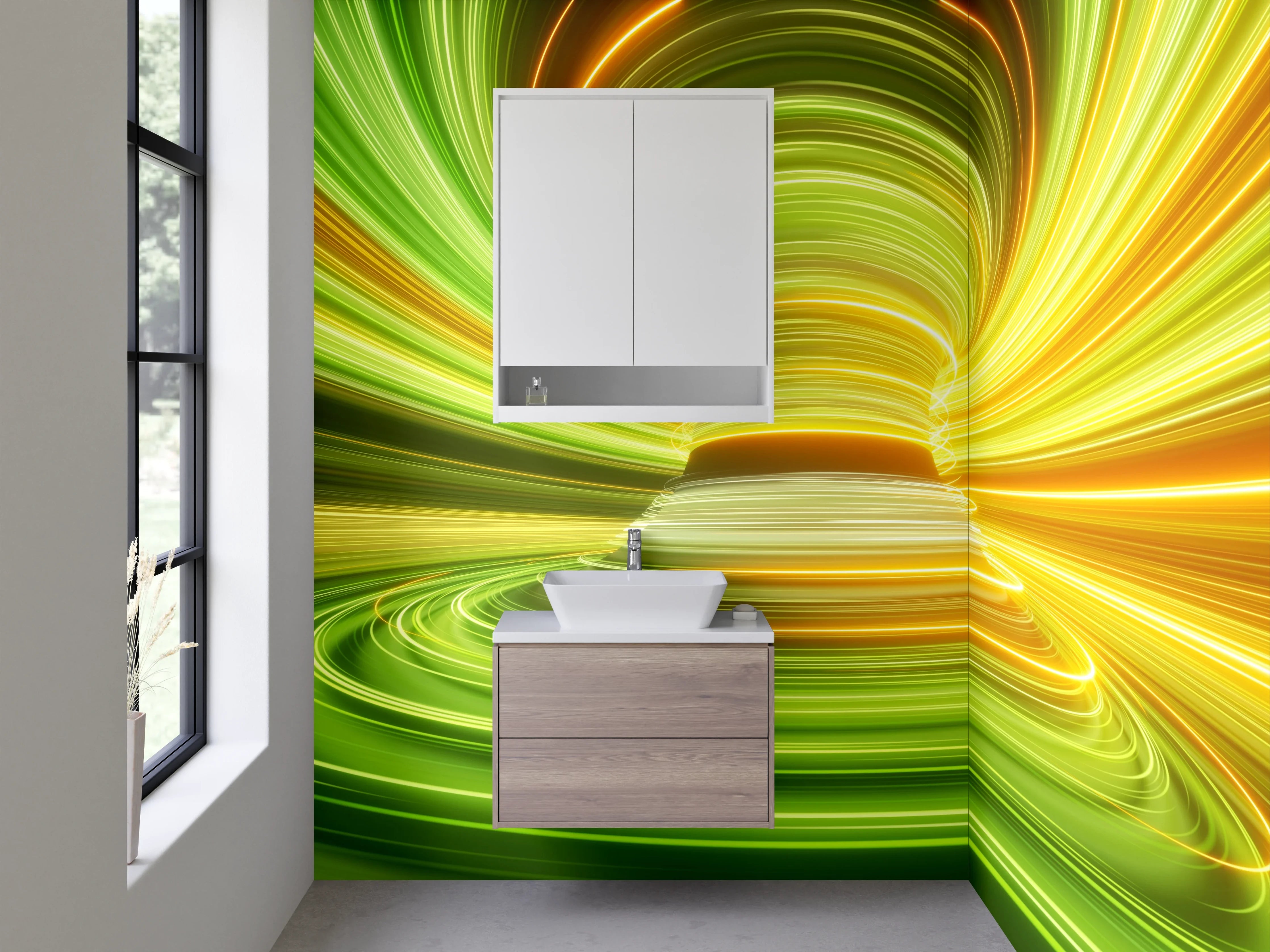 Waschbecken-Rückwand - Leuchtende Tunnel aus grünen und gelben Lichtstreifen