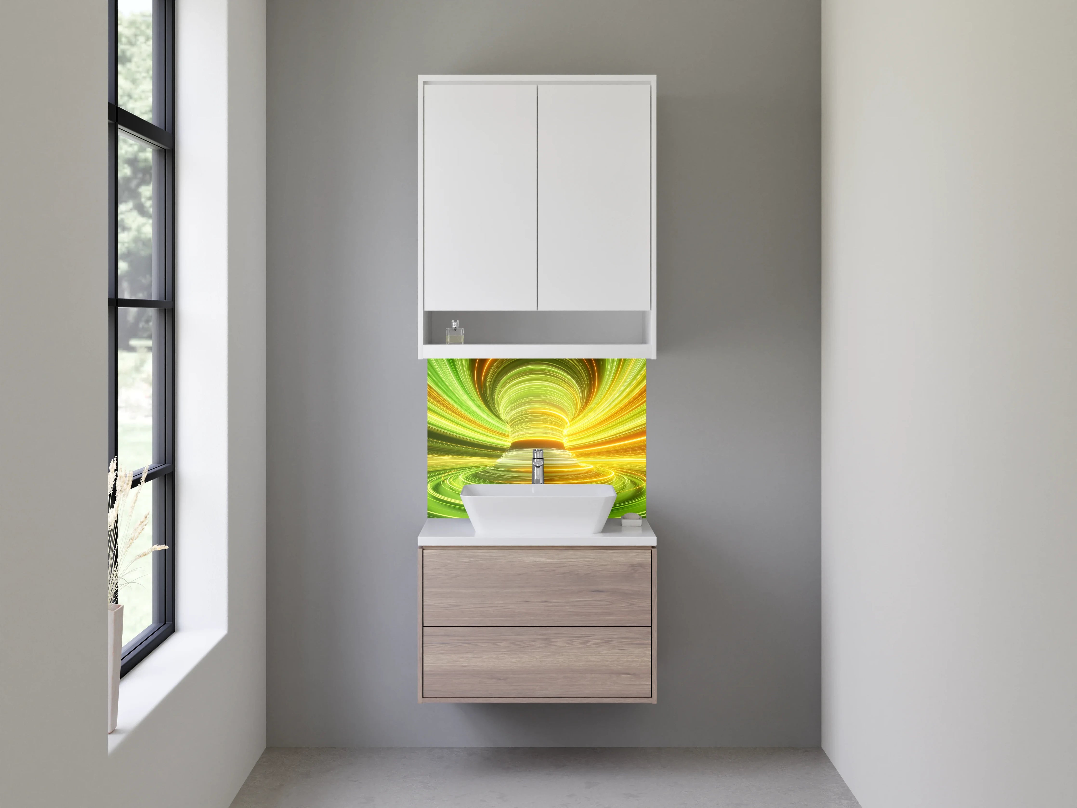 Waschbecken-Rückwand - Leuchtende Tunnel aus grünen und gelben Lichtstreifen