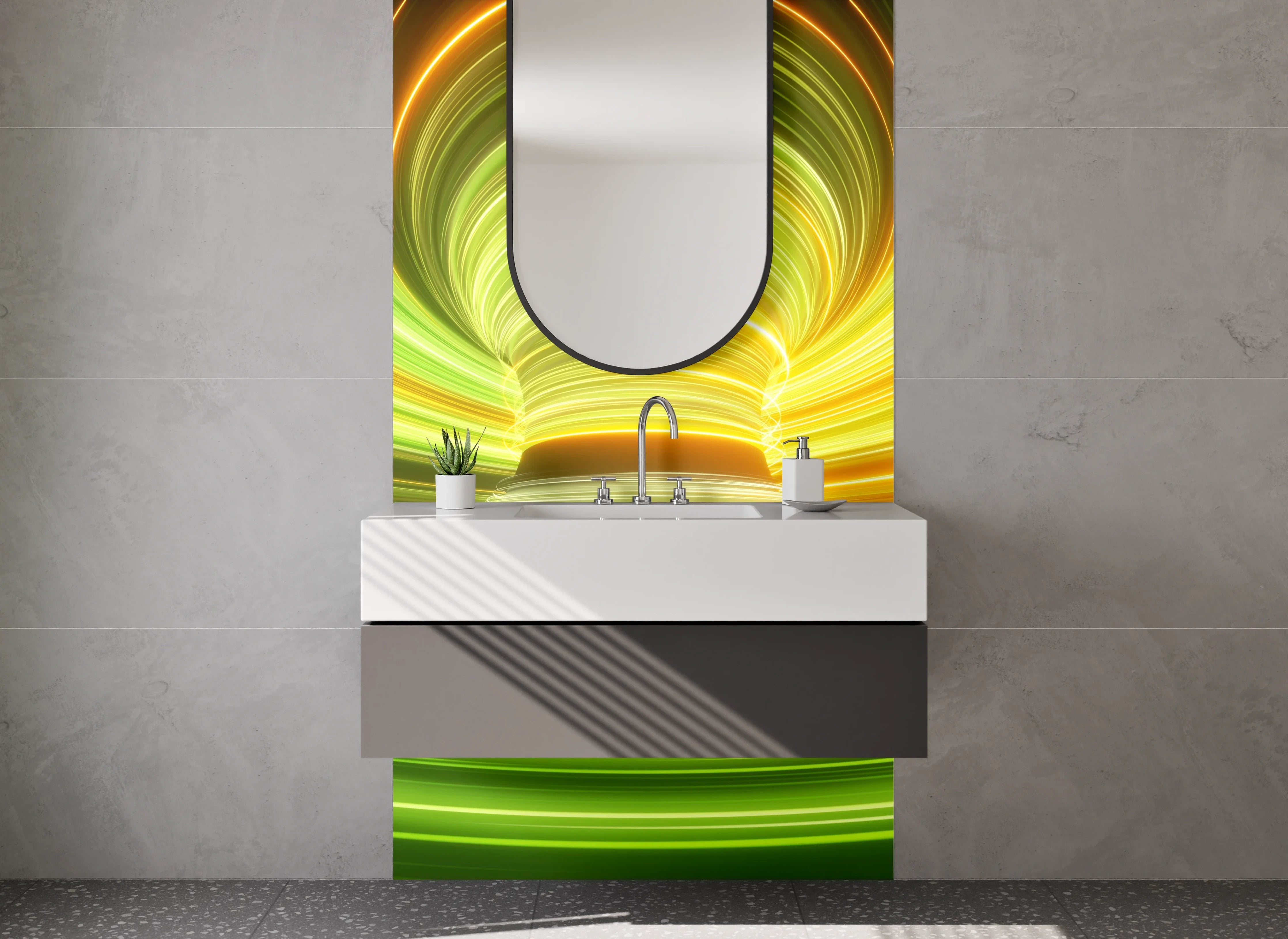 Waschbecken-Rückwand - Leuchtende Tunnel aus grünen und gelben Lichtstreifen