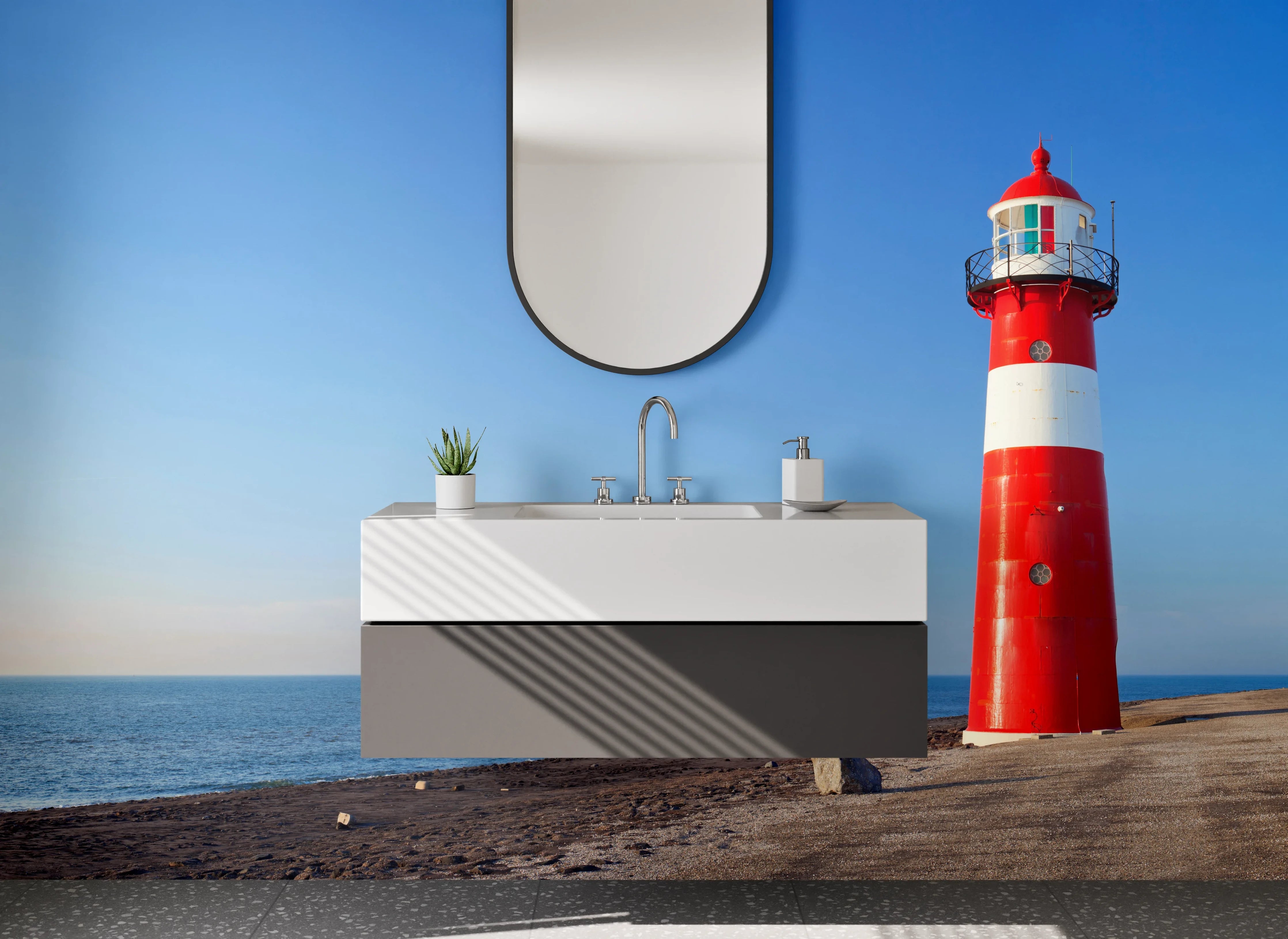 Waschbecken-Rückwand - Leuchtturm am Meer Panorama