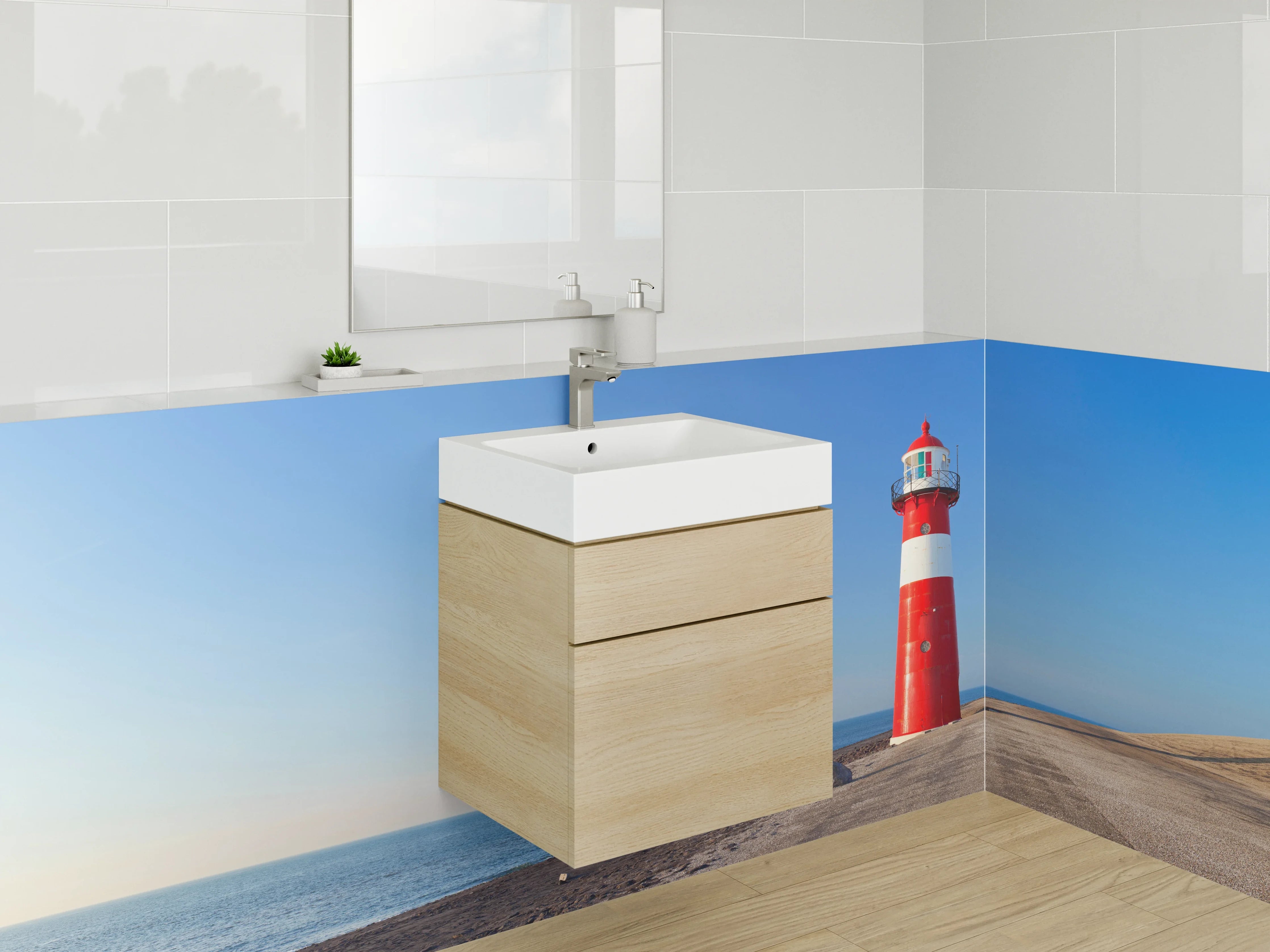 Waschbecken-Rückwand - Leuchtturm am Meer Panorama