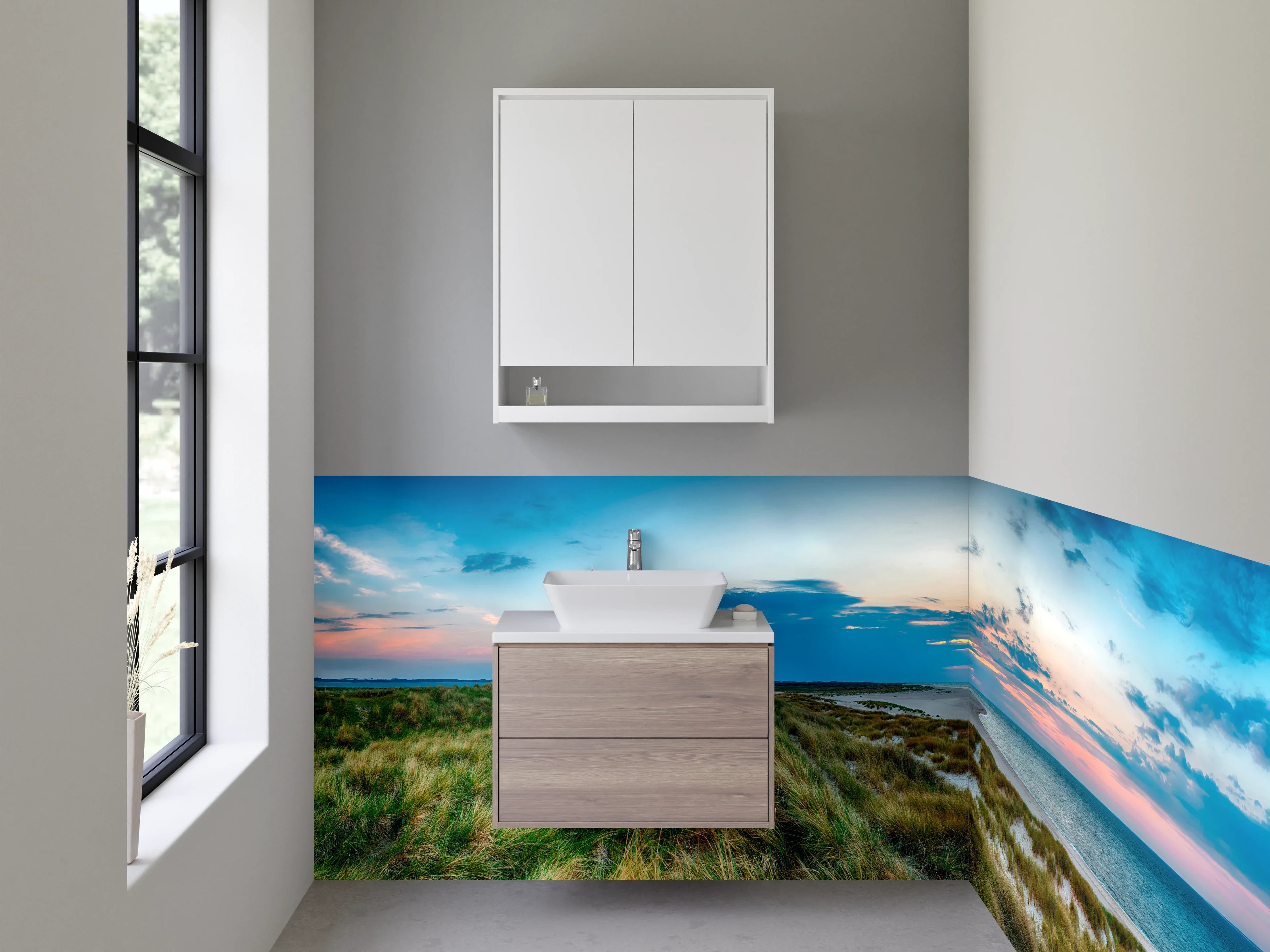 Waschbecken-Rückwand - Leuchtturm am Sonnenuntergang im Panoramabild