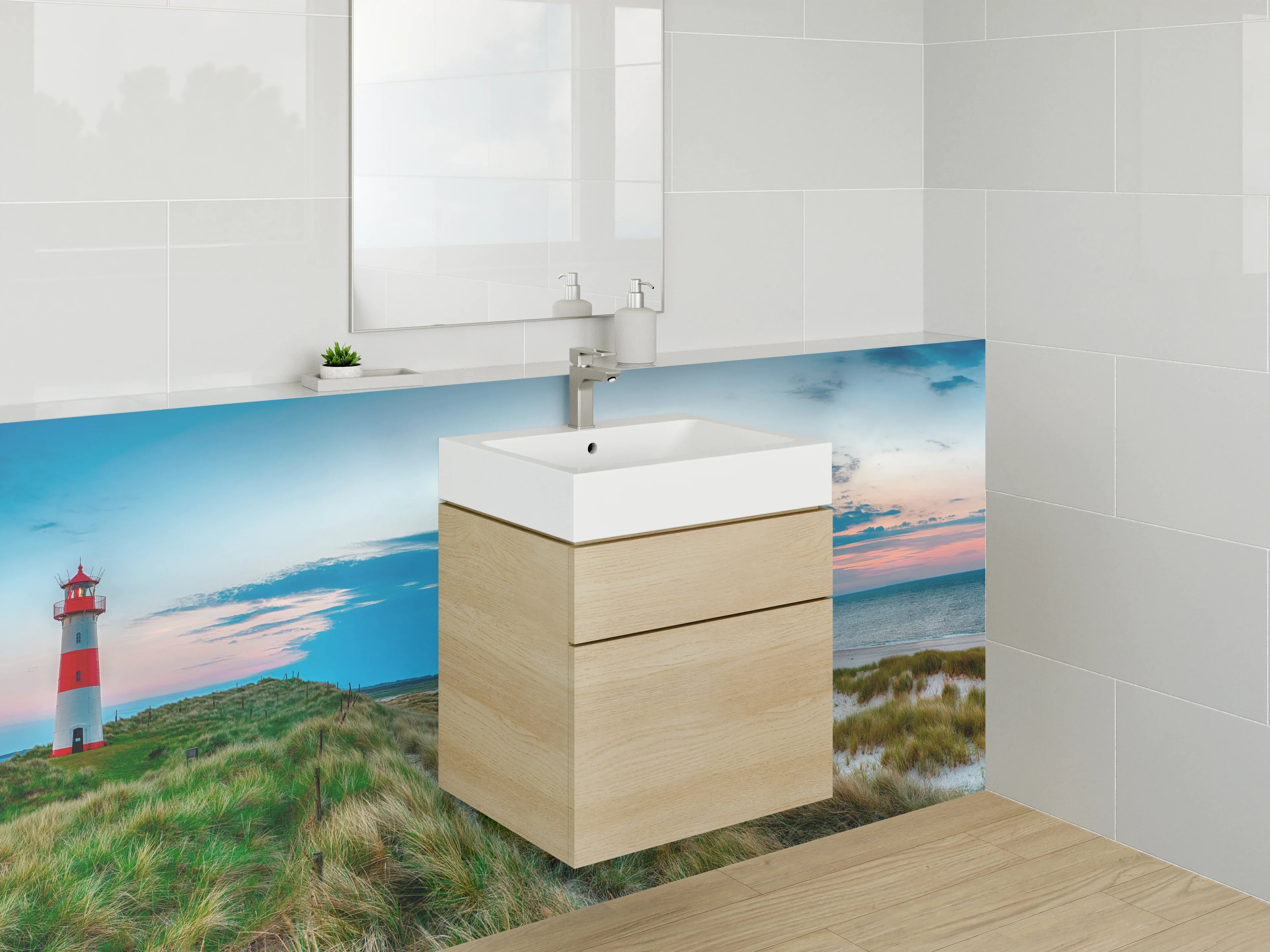 Waschbecken-Rückwand - Leuchtturm am Sonnenuntergang im Panoramabild