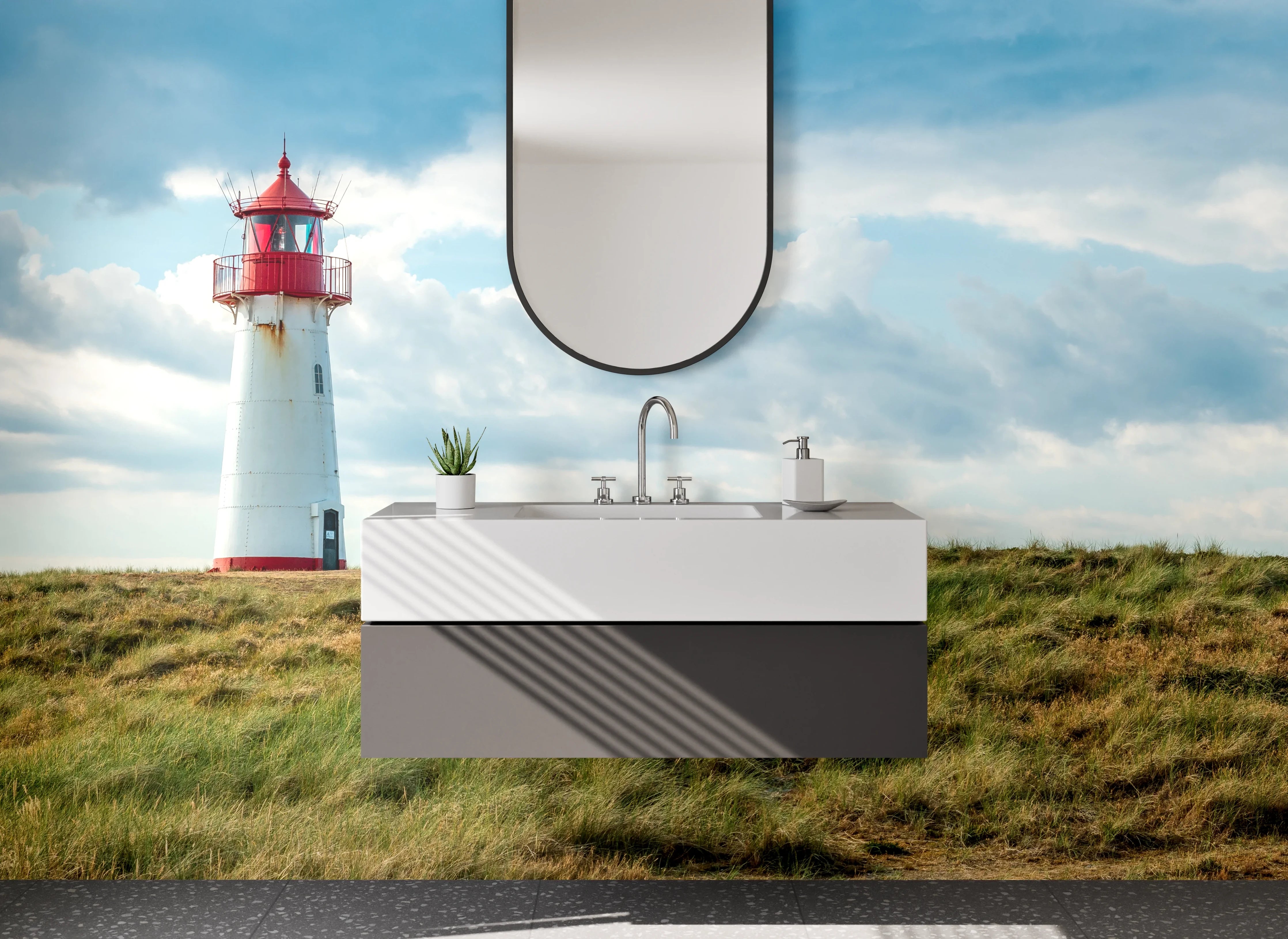 Waschbecken-Rückwand - Leuchtturm auf grüner Insel bei Himmel