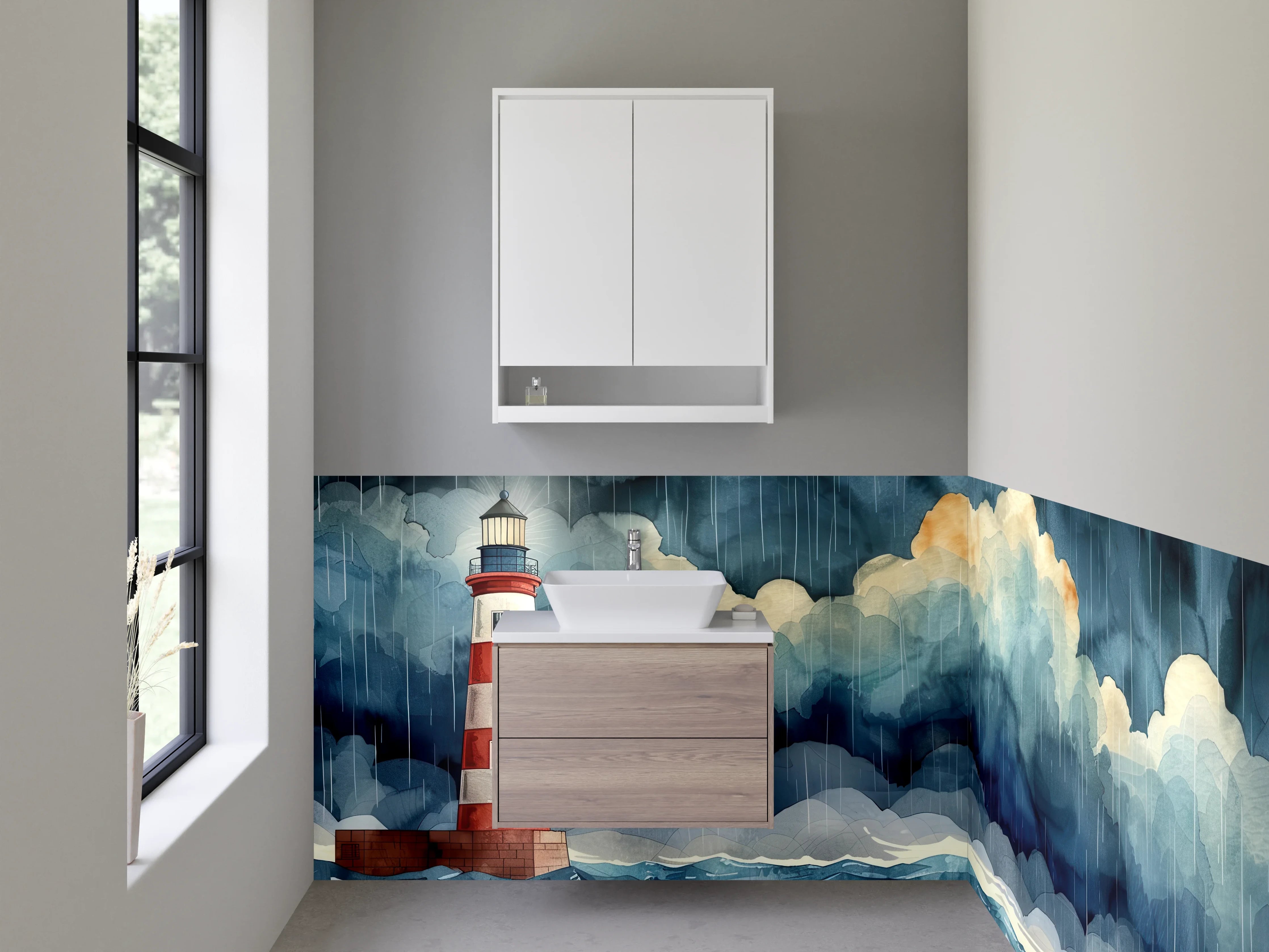 Waschbecken-Rückwand - Leuchtturm im Sturm Aquarell Küste