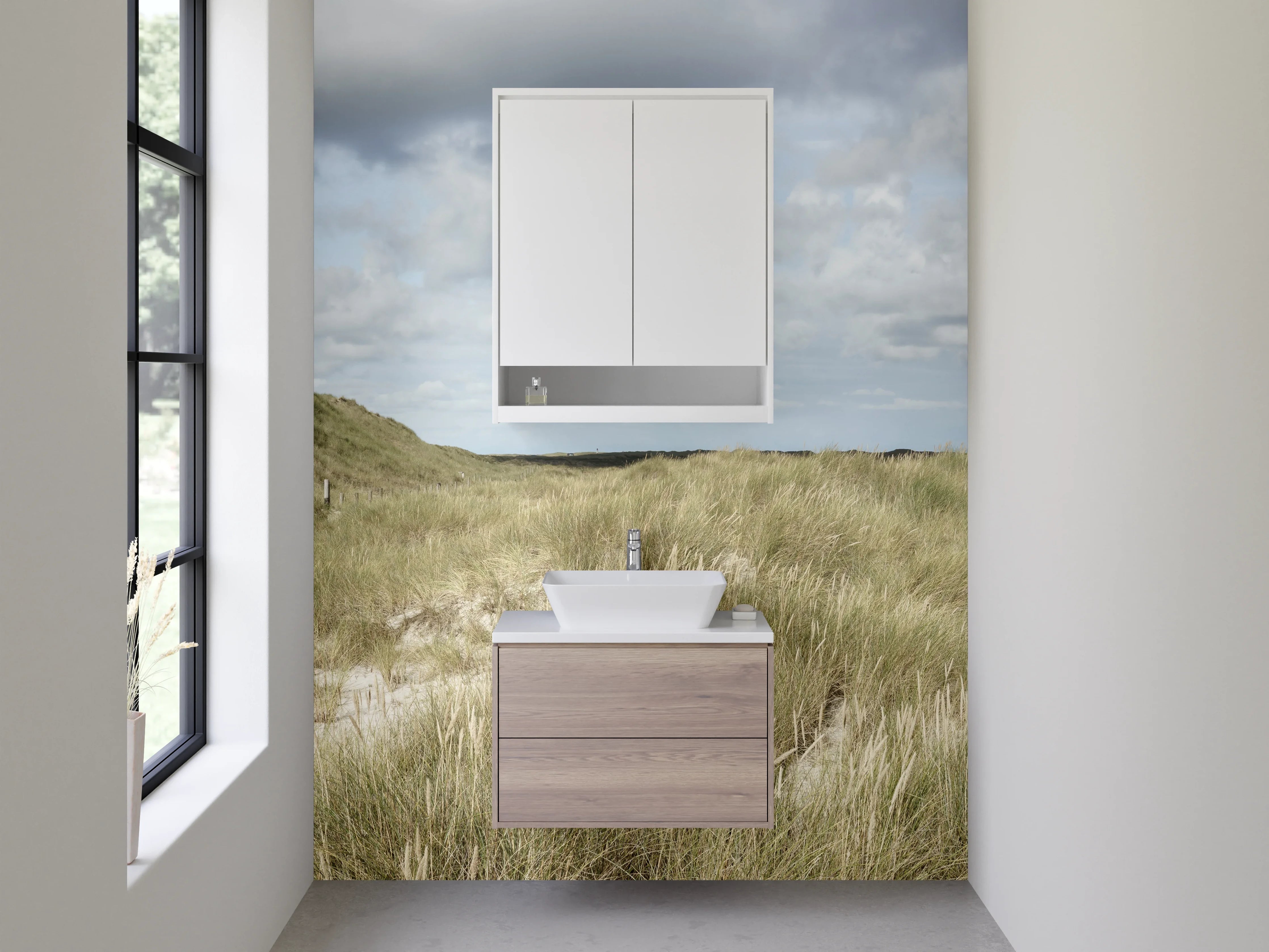 Waschbecken-Rückwand - Leuchtturm in Dünenlandschaft Panorama