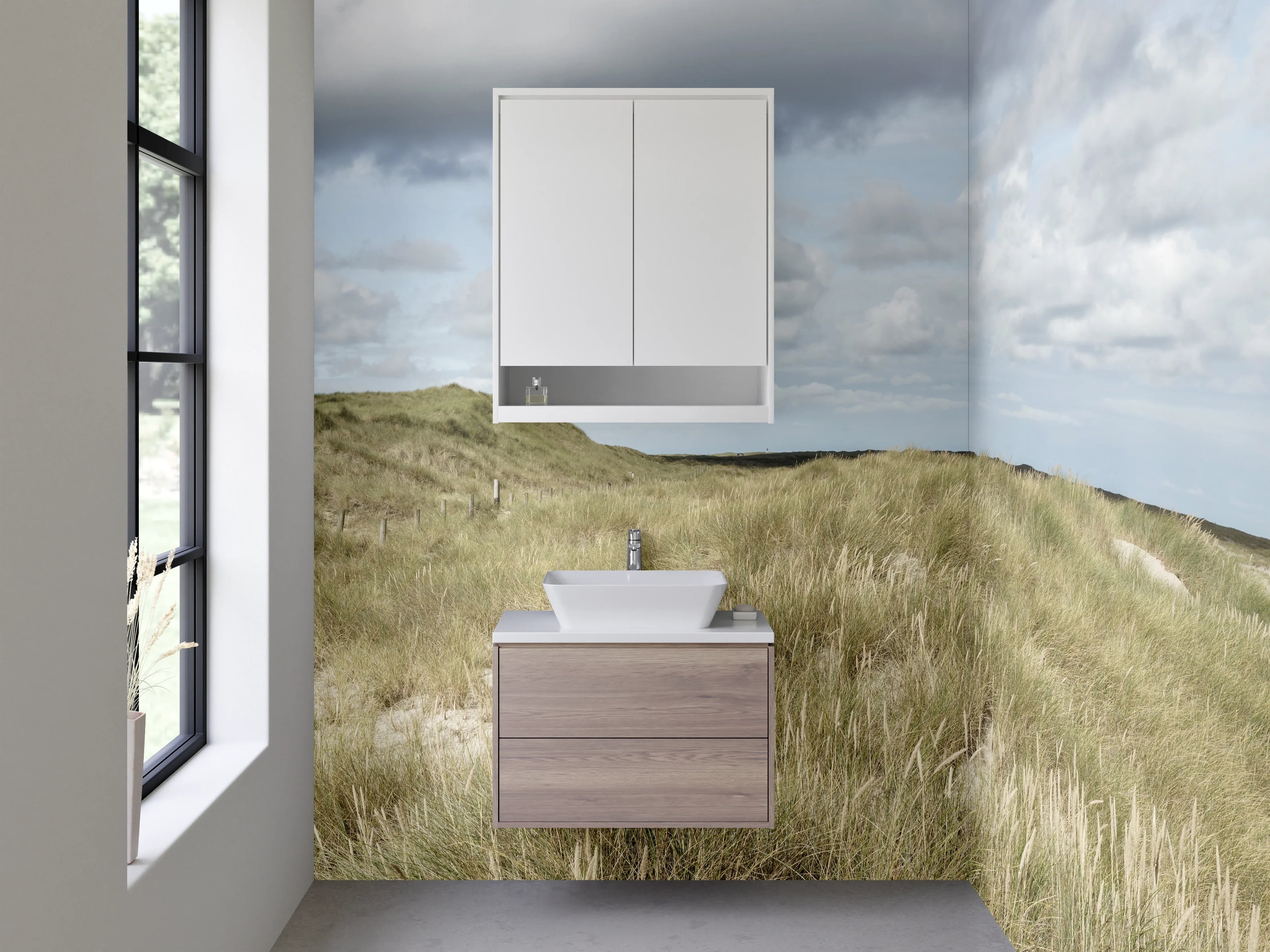 Waschbecken-Rückwand - Leuchtturm in Dünenlandschaft Panorama