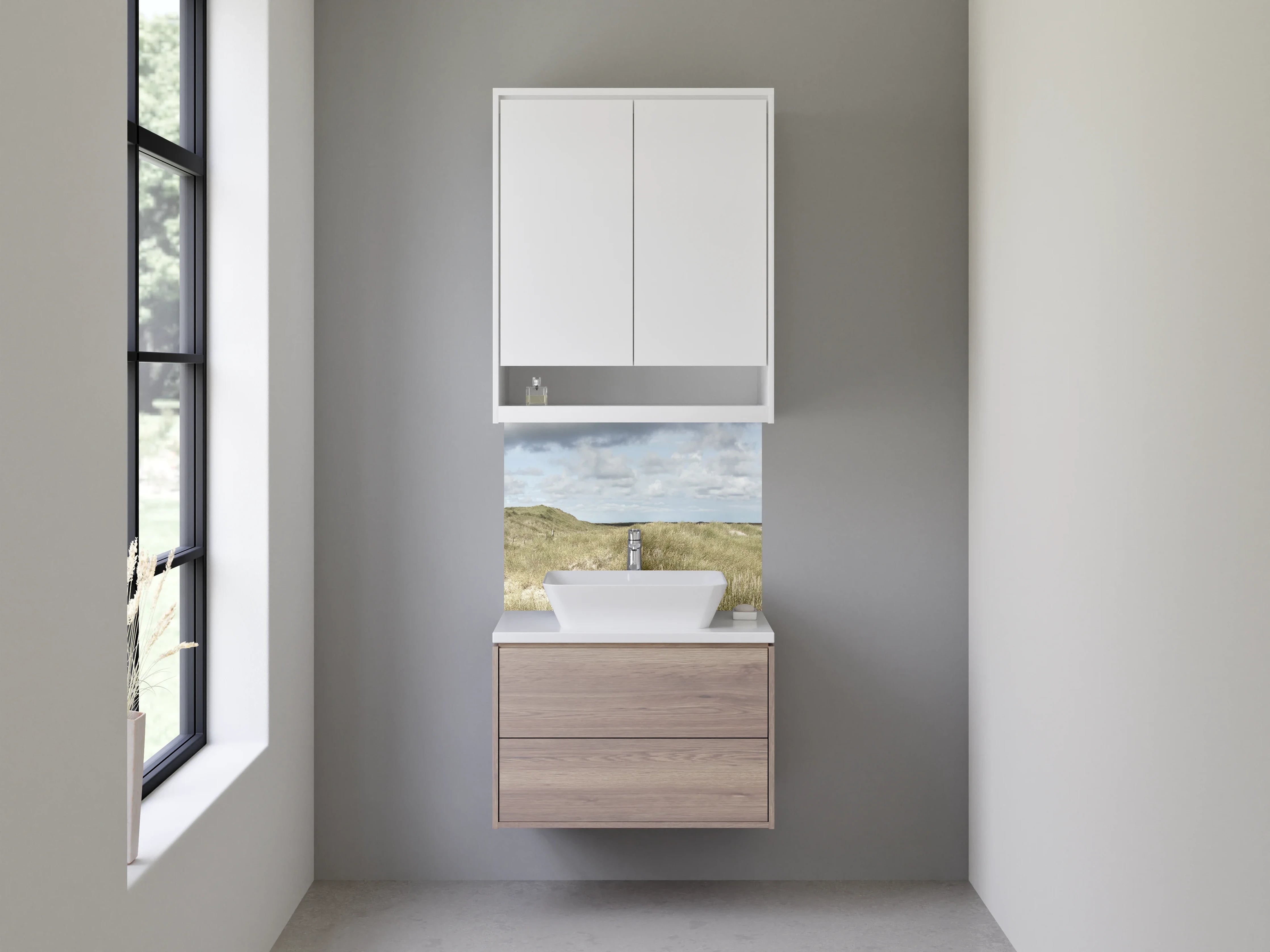 Waschbecken-Rückwand - Leuchtturm in Dünenlandschaft Panorama