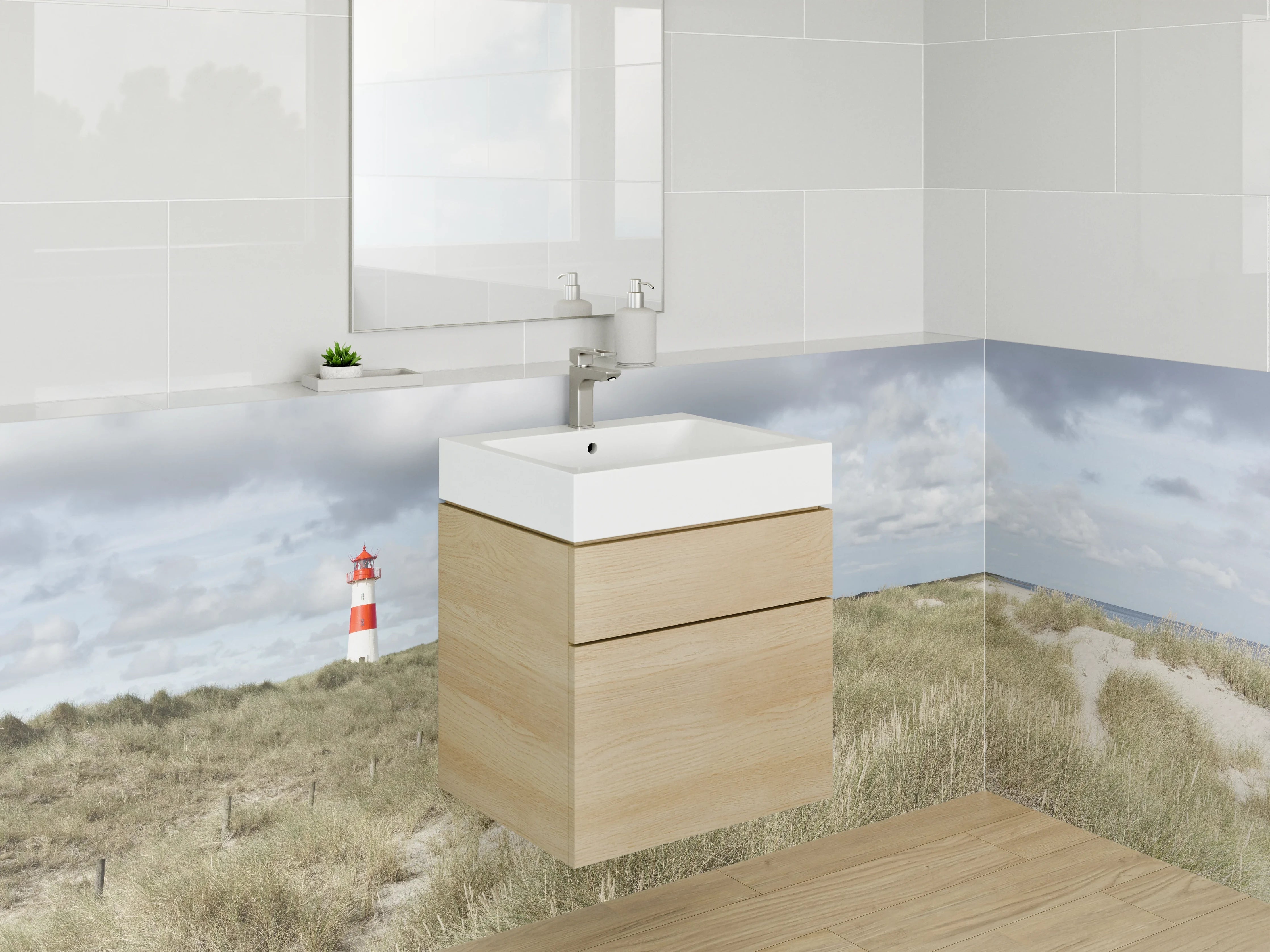 Waschbecken-Rückwand - Leuchtturm in Dünenlandschaft Panorama