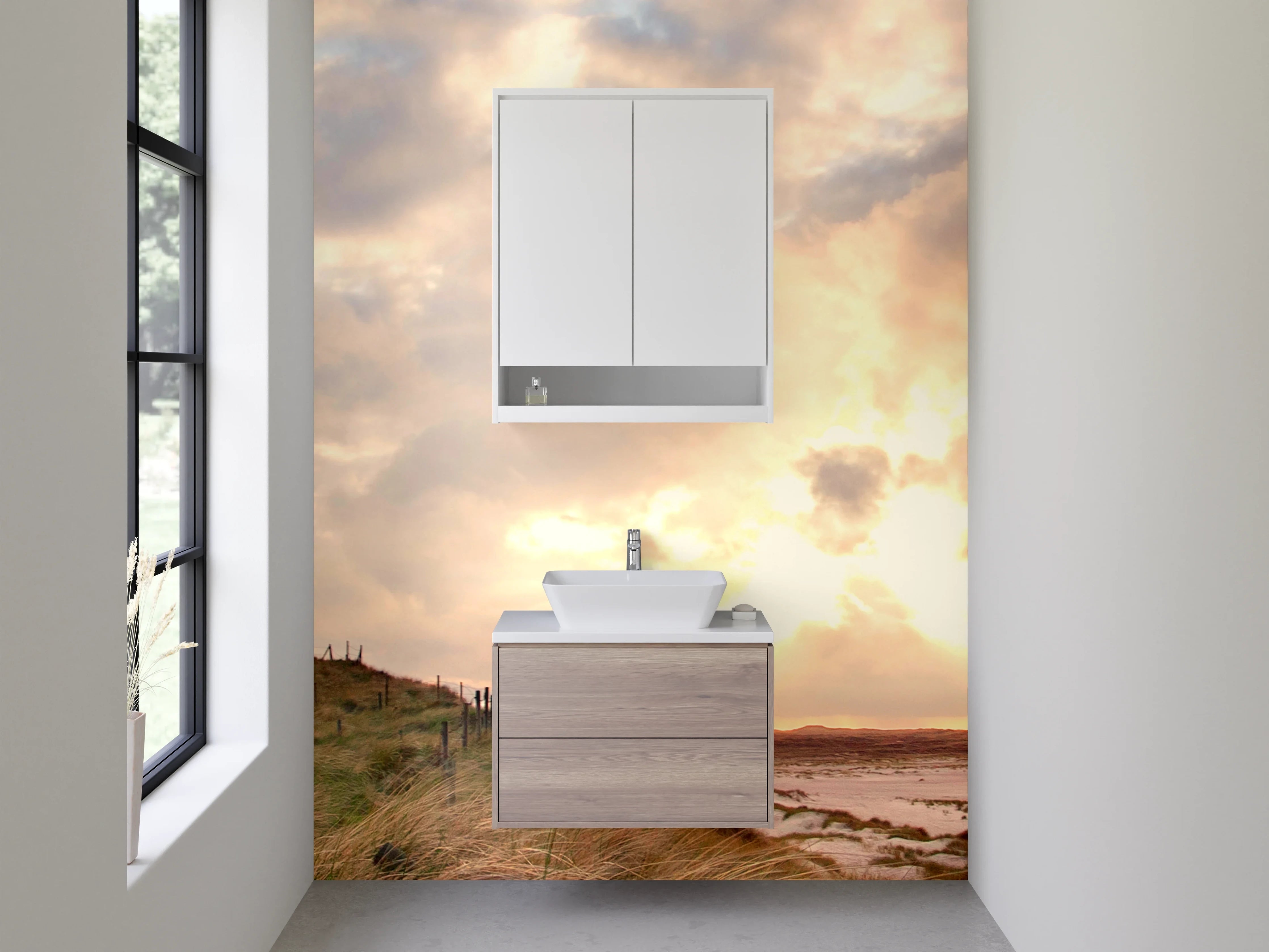 Waschbecken-Rückwand - Leuchtturm in sanften Grautönen