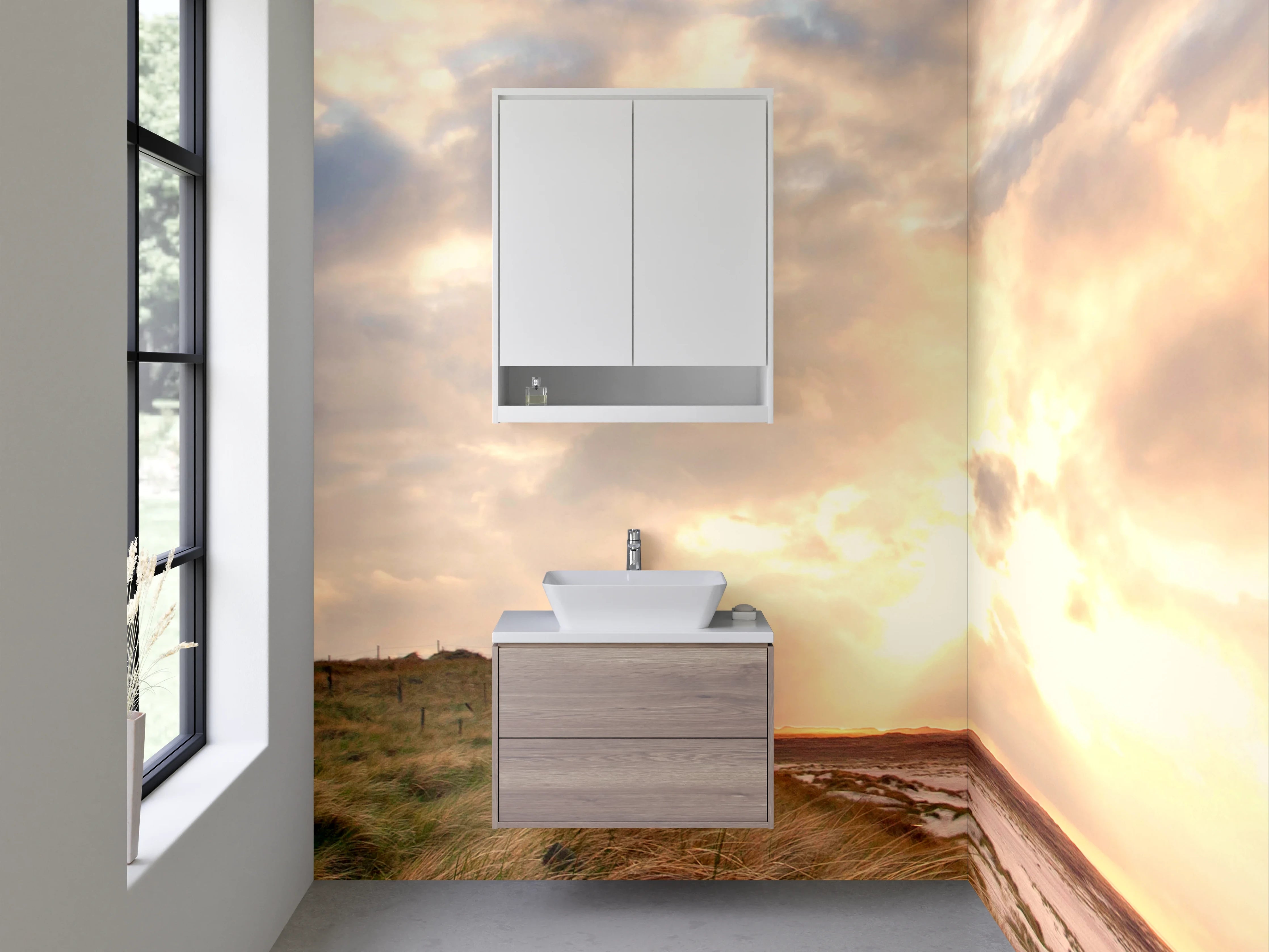 Waschbecken-Rückwand - Leuchtturm in sanften Grautönen