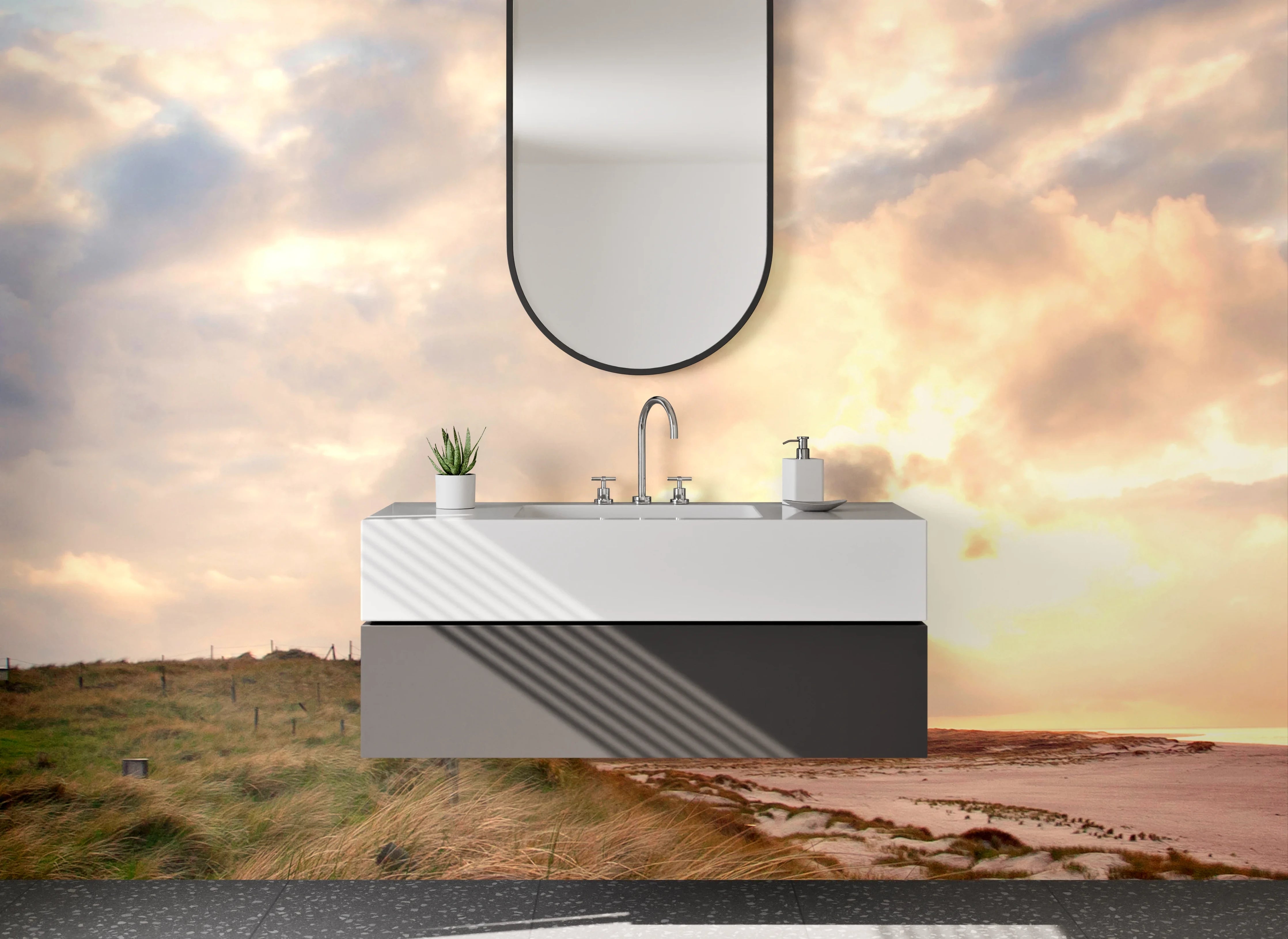 Waschbecken-Rückwand - Leuchtturm in sanften Grautönen