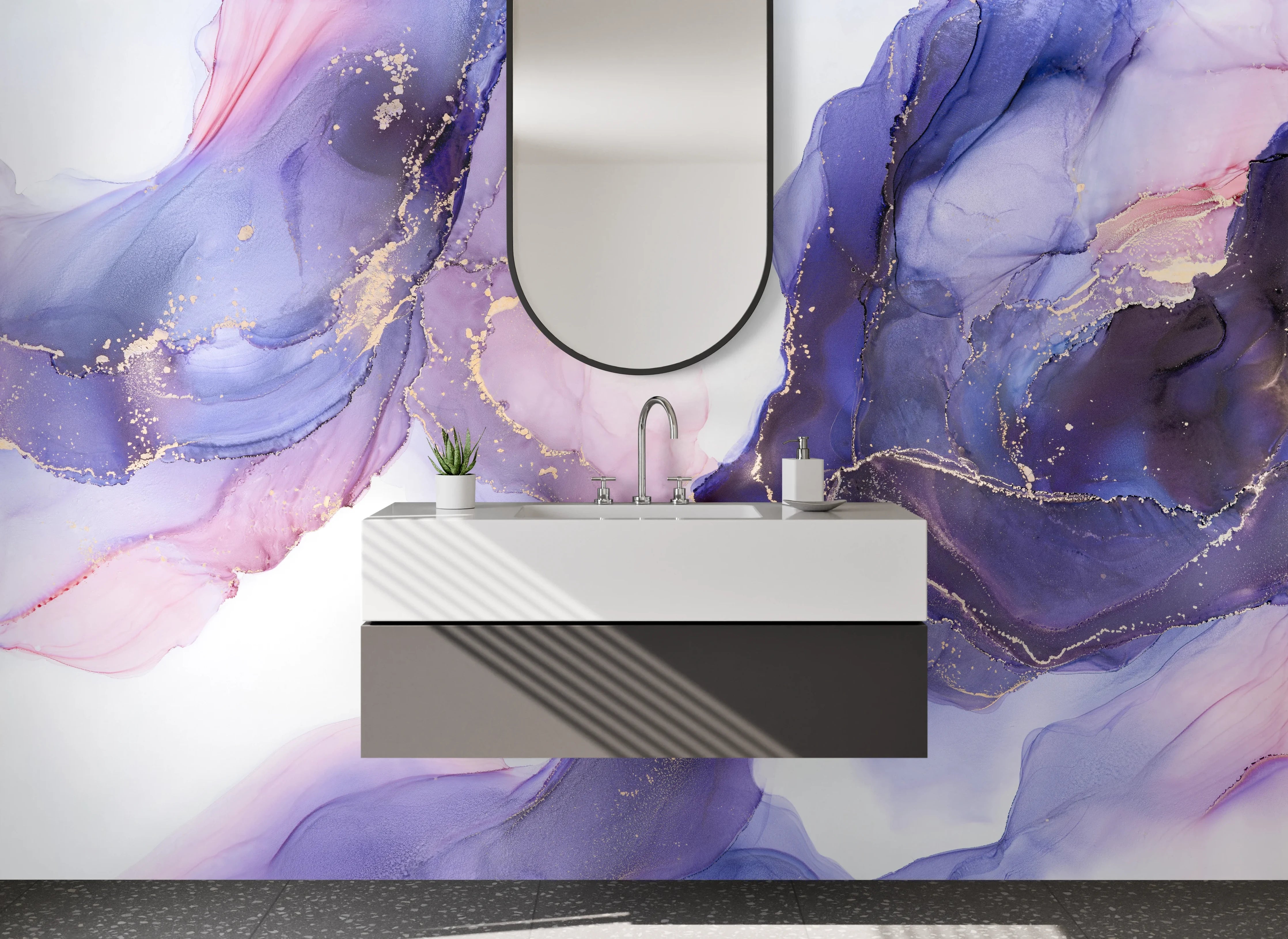 Waschbecken-Rückwand - Lila Nebel auf Gold und Grau