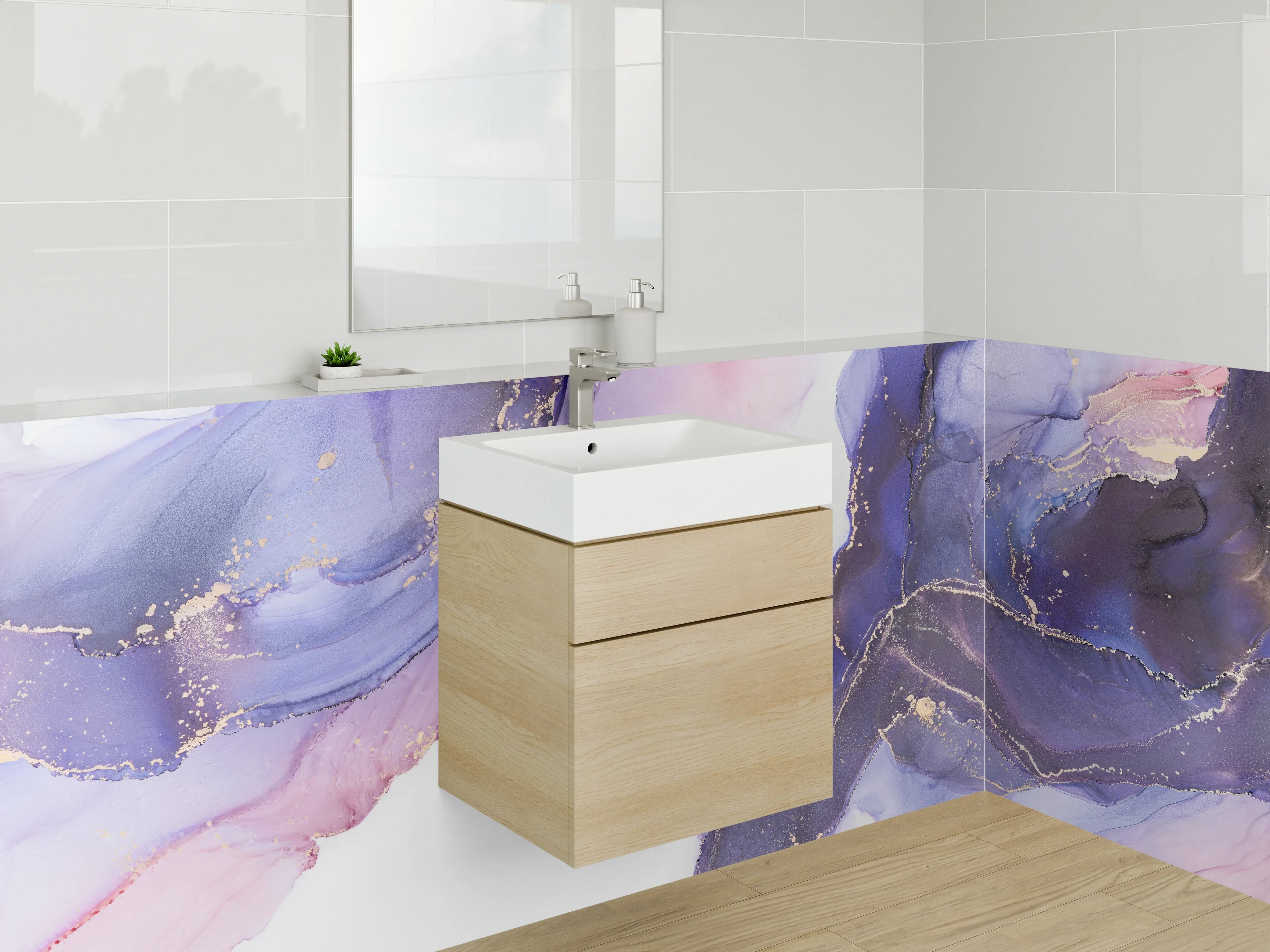 Waschbecken-Rückwand - Lila Nebel auf Gold und Grau