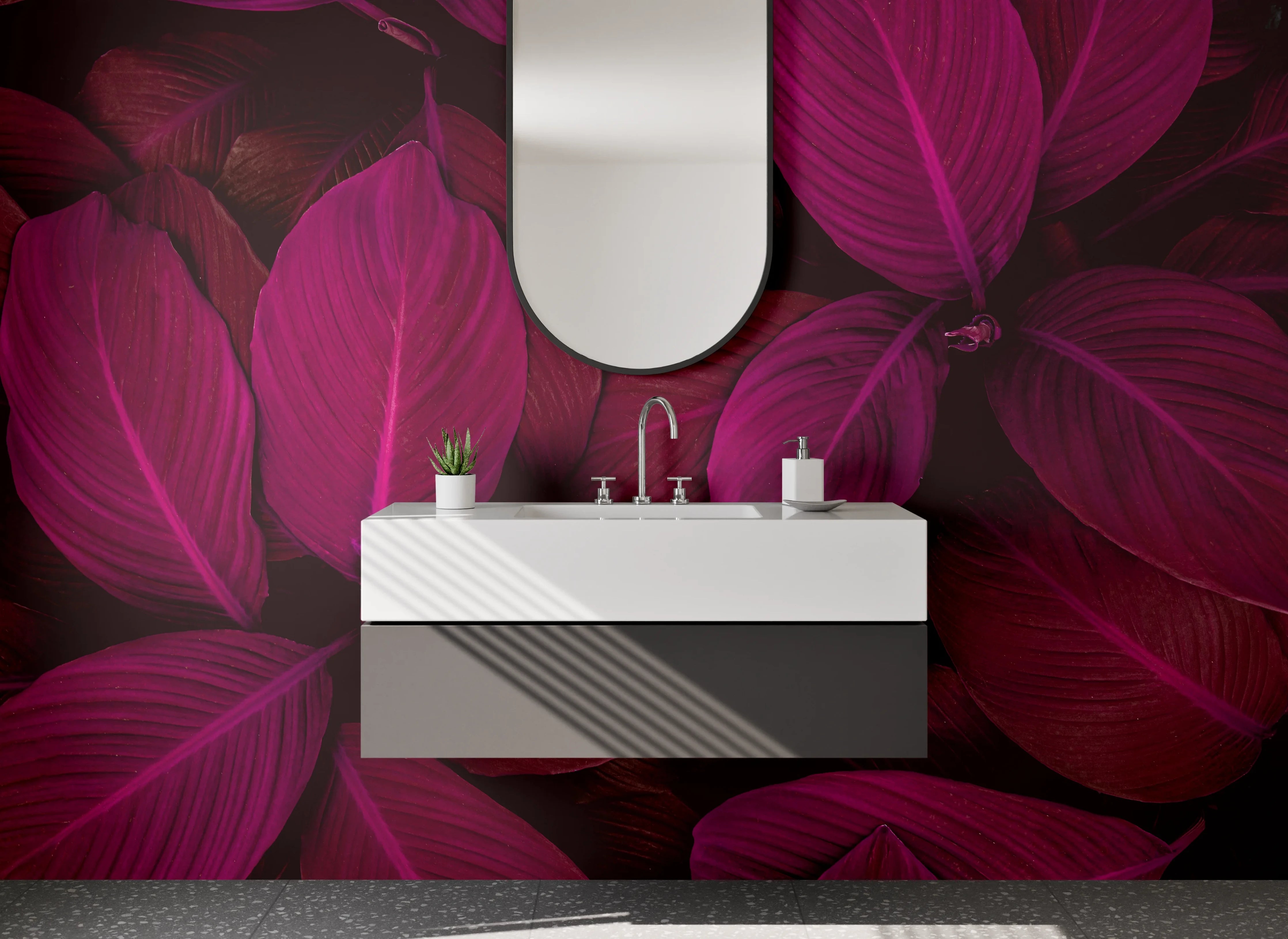 Waschbecken-Rückwand - Lila Pink Tropenblätter Muster Fotodruck