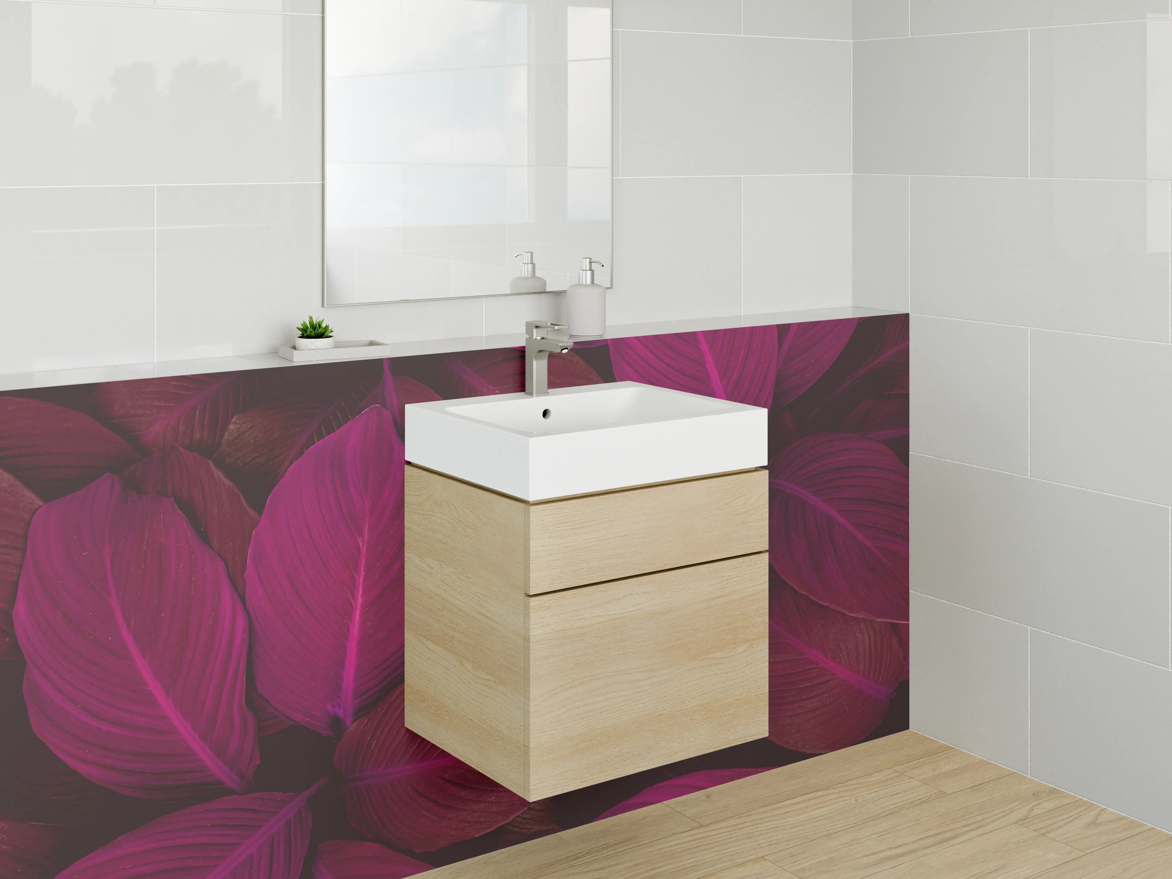 Waschbecken-Rückwand - Lila Pink Tropenblätter Muster Fotodruck