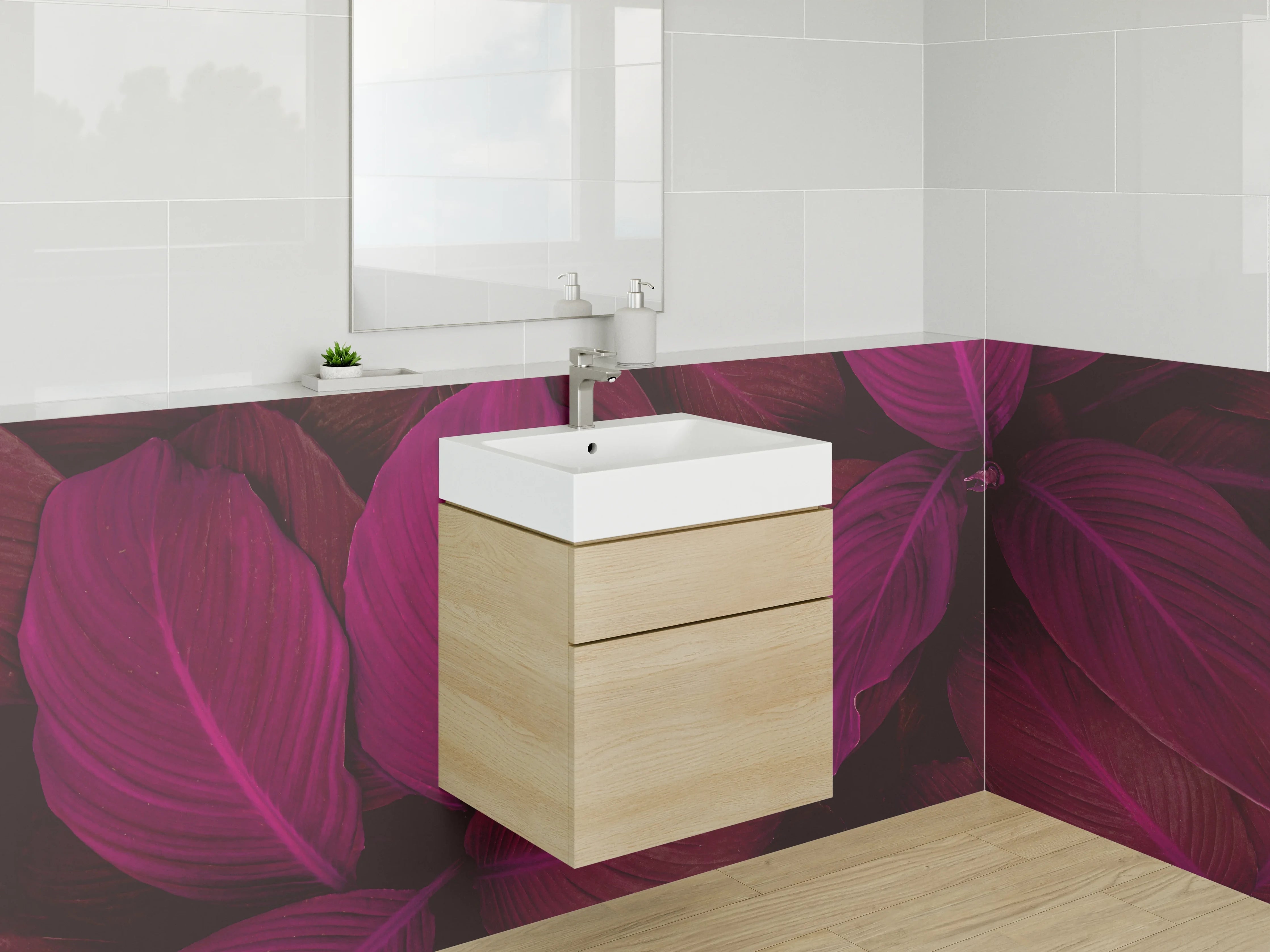 Waschbecken-Rückwand - Lila Pink Tropenblätter Muster Fotodruck