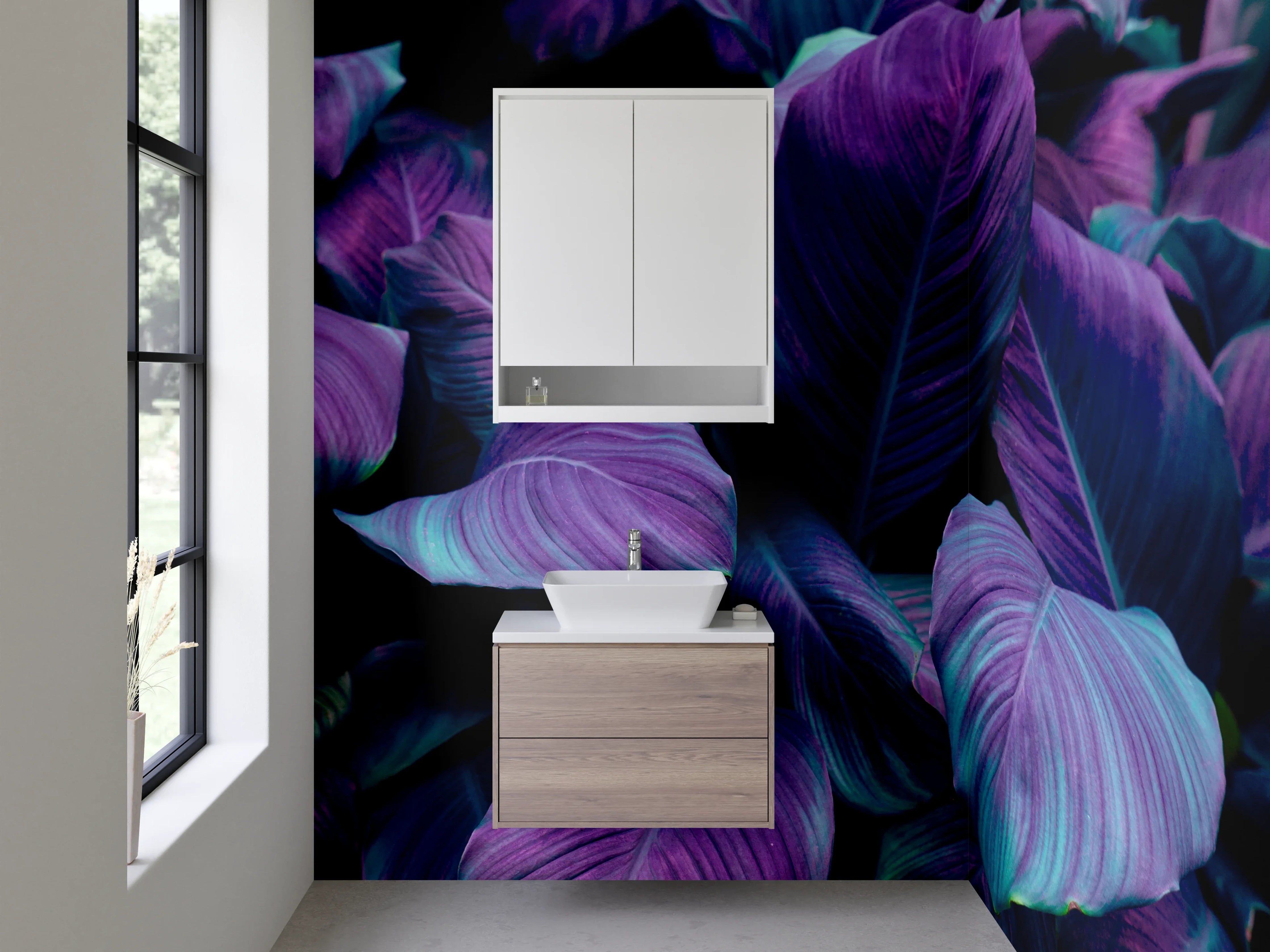 Waschbecken-Rückwand - Lila-grüne Tropenblätter Kunstfoto