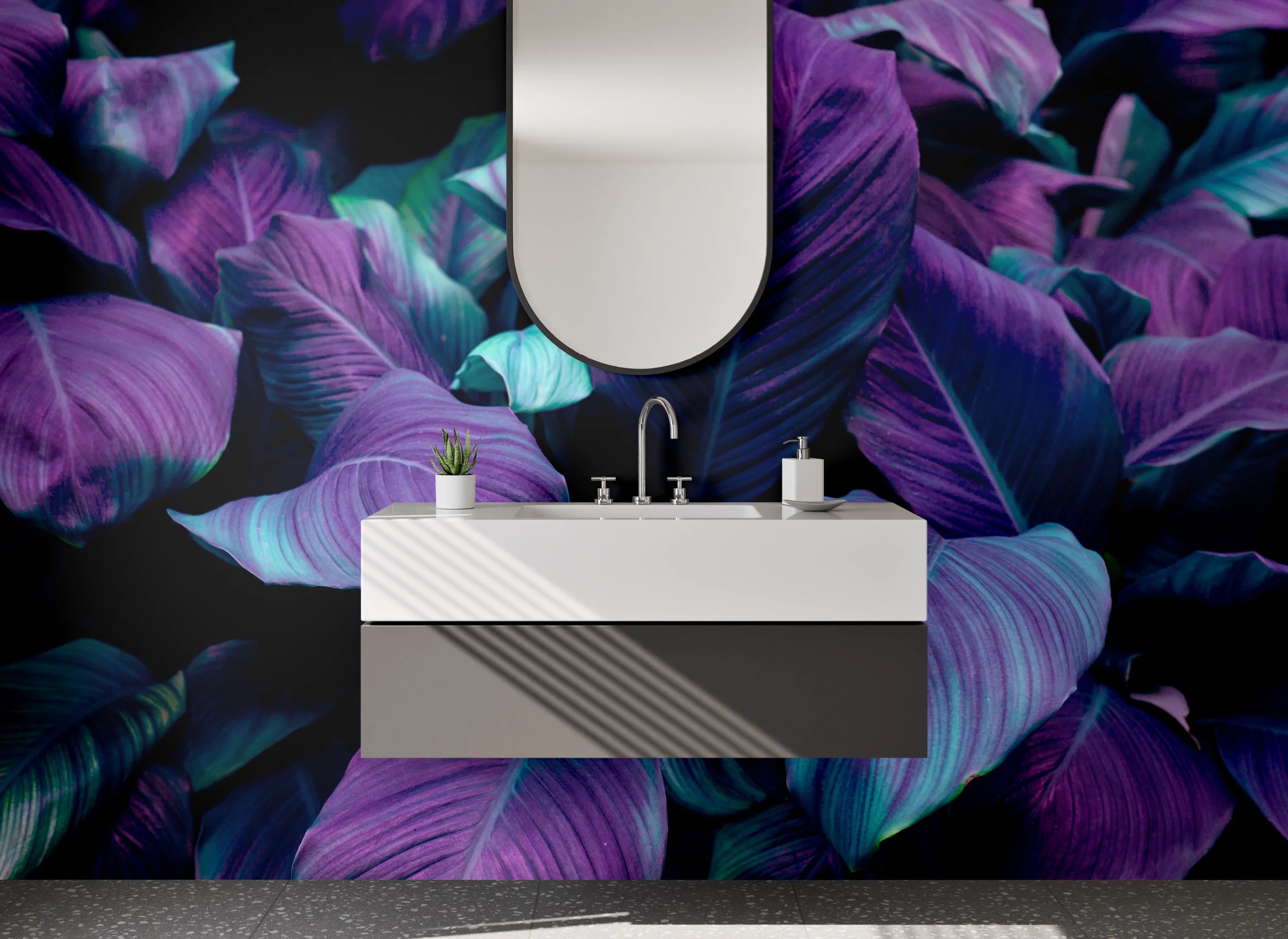 Waschbecken-Rückwand - Lila-grüne Tropenblätter Kunstfoto